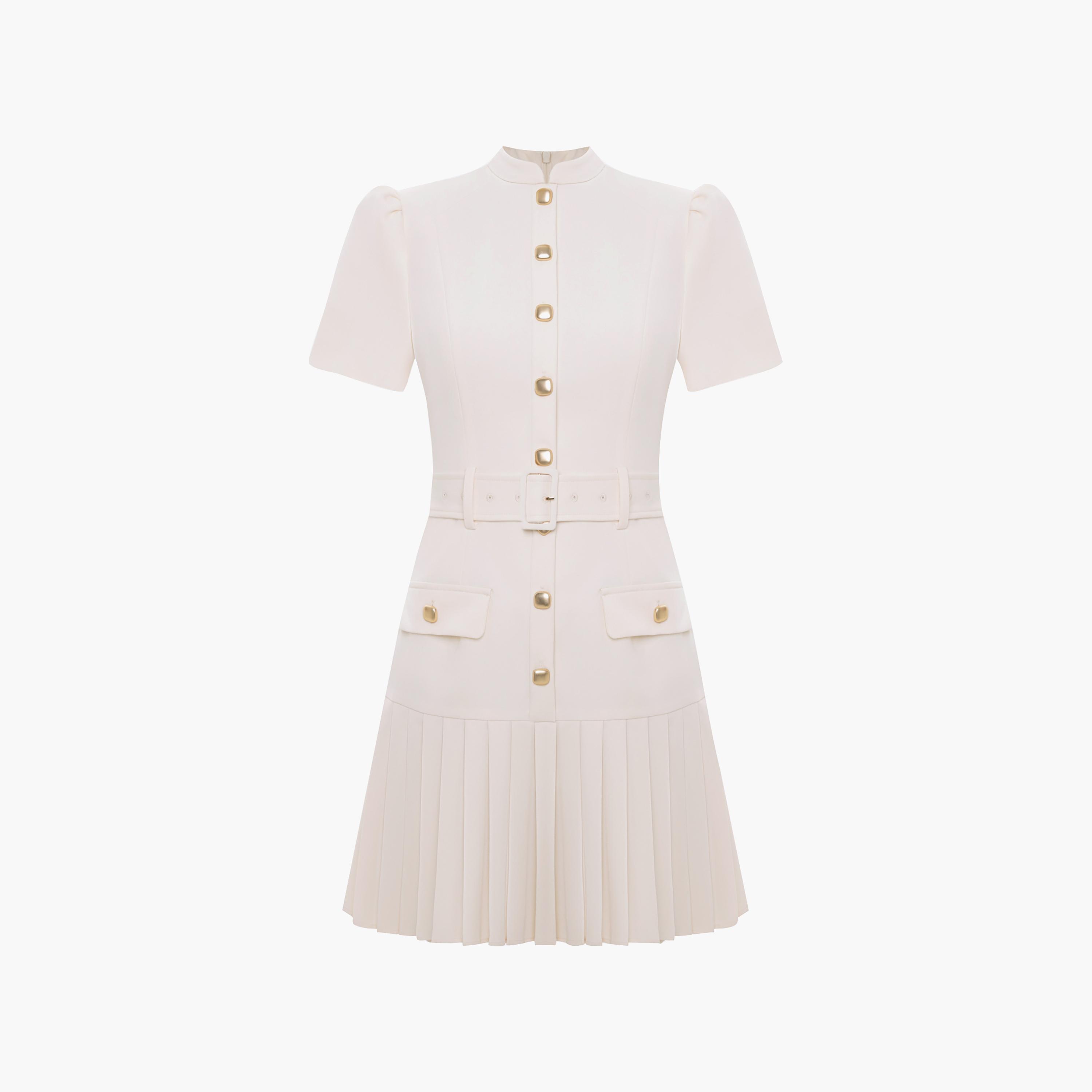 Lichi Pleated Mandarin Collar Puff Sleeves Drop-Waist Women's Mini Dress-women-clothing-dresses-image-5