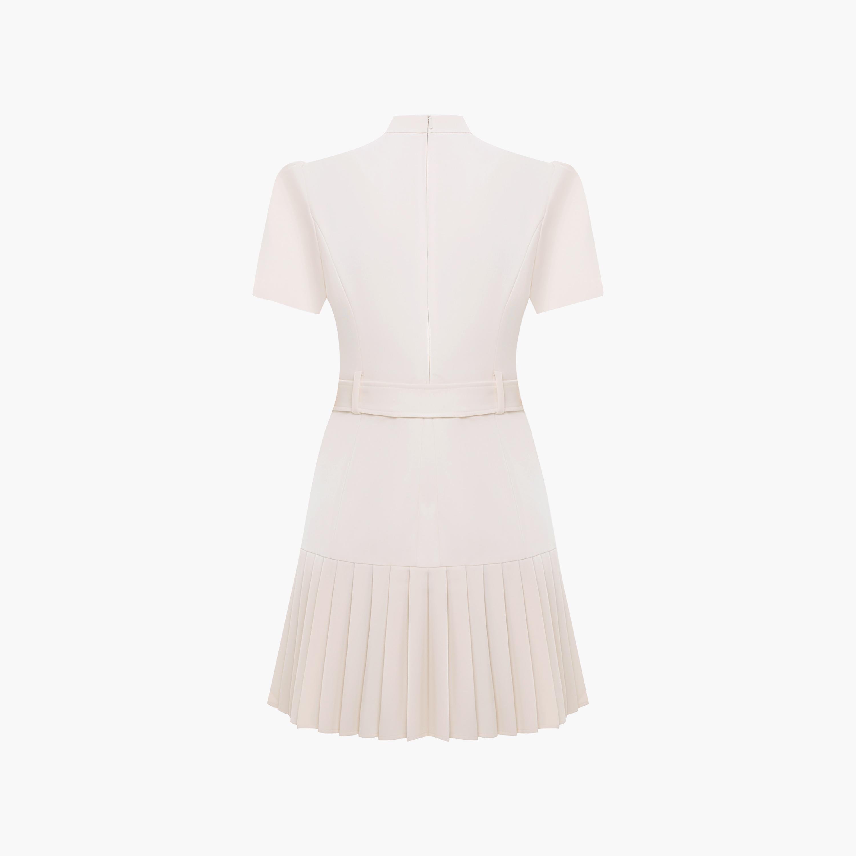 Lichi Pleated Mandarin Collar Puff Sleeves Drop-Waist Women's Mini Dress-women-clothing-dresses-image-6