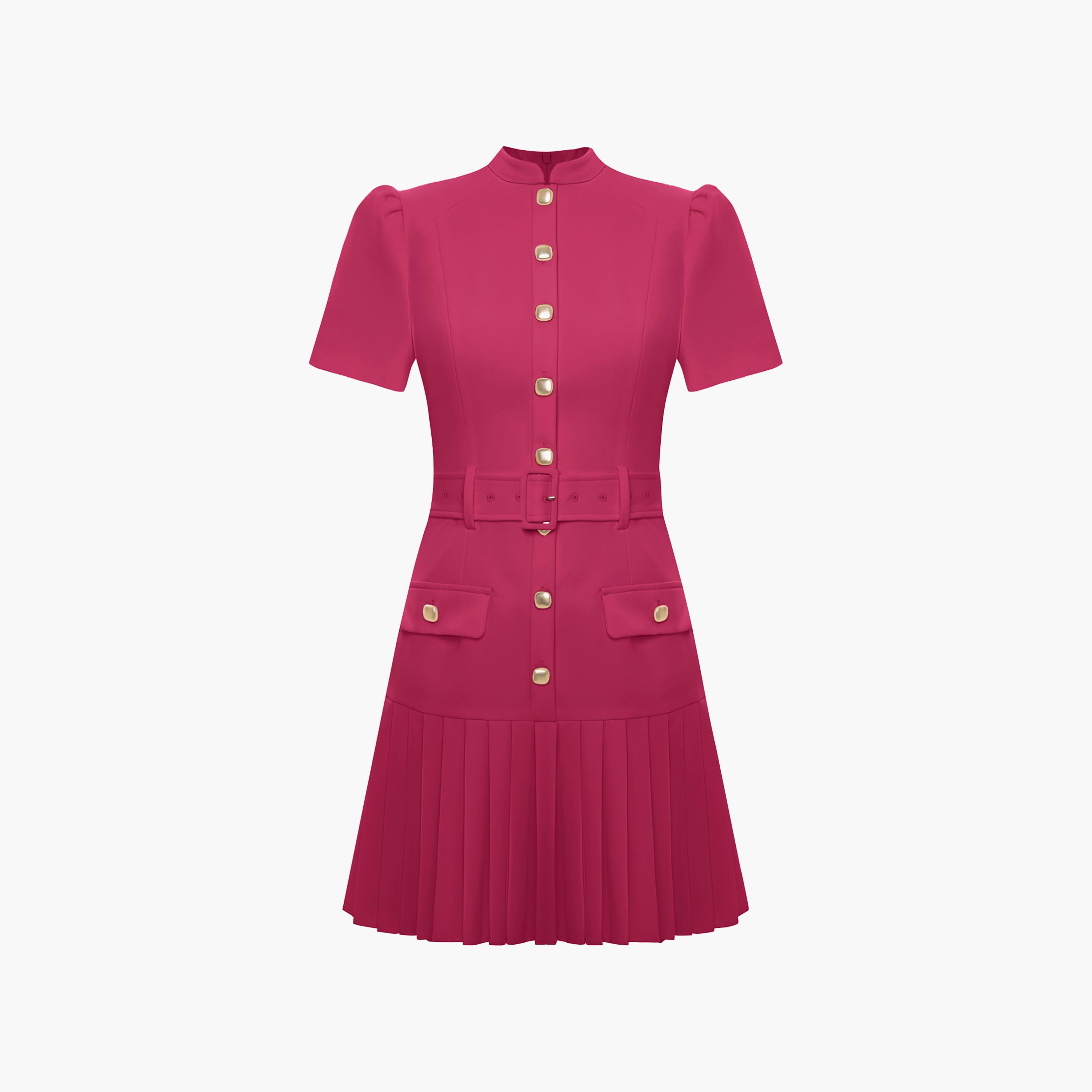 Lichi Pleated Mandarin Collar Puff Sleeves Drop-Waist Women's Mini Dress-women-clothing-dresses-image-5