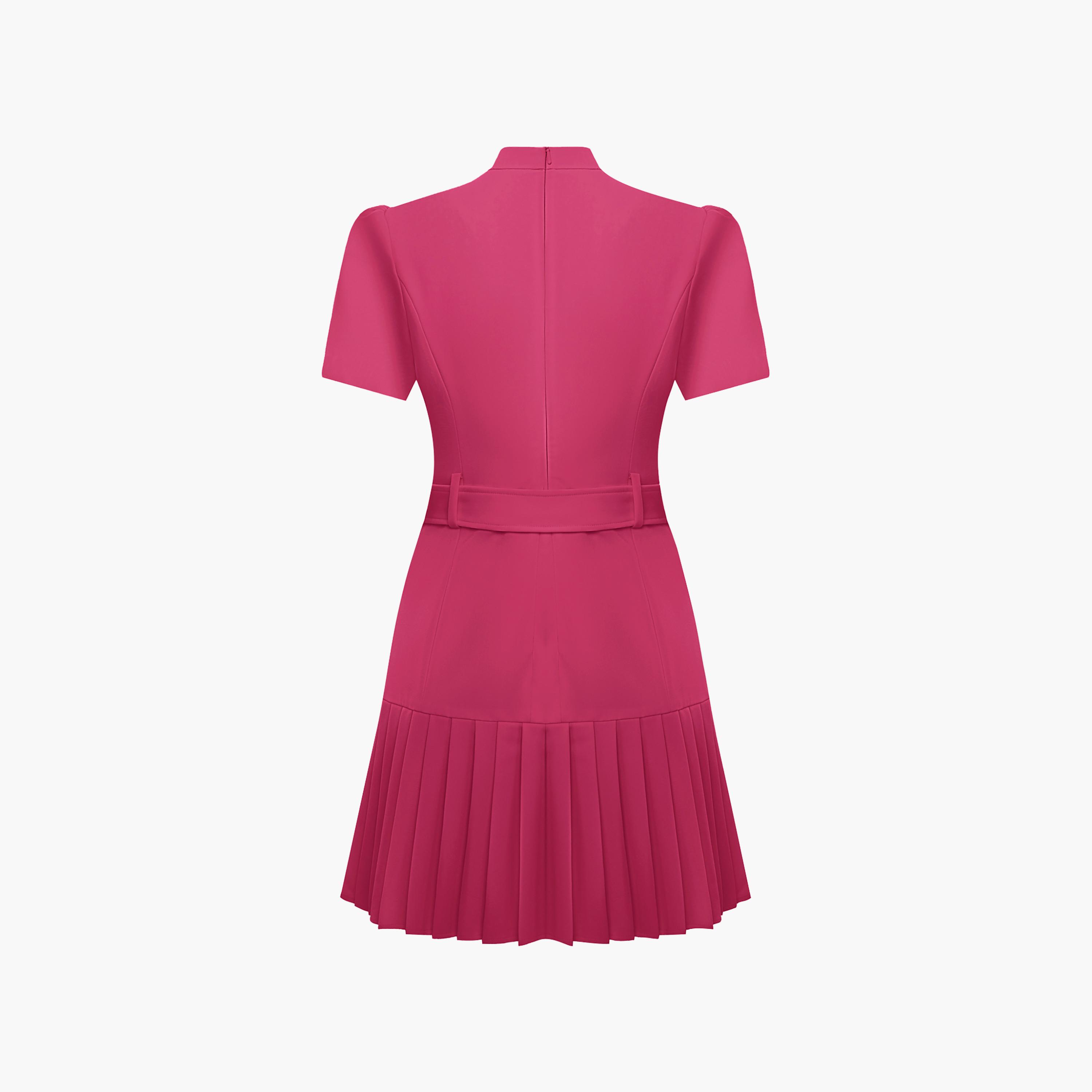 Lichi Pleated Mandarin Collar Puff Sleeves Drop-Waist Women's Mini Dress-women-clothing-dresses-image-6
