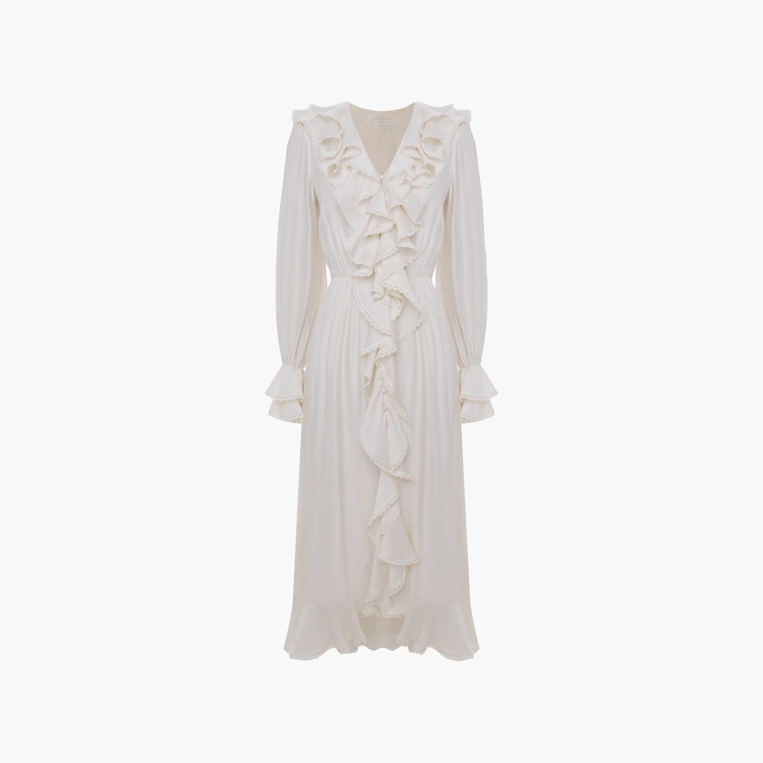 فستان ميدي قروي (بيزانت) بأكمام مجمعة ومزين بكشكشة باللون الكريمي من ليتشي-women-clothing-dresses-image-4
