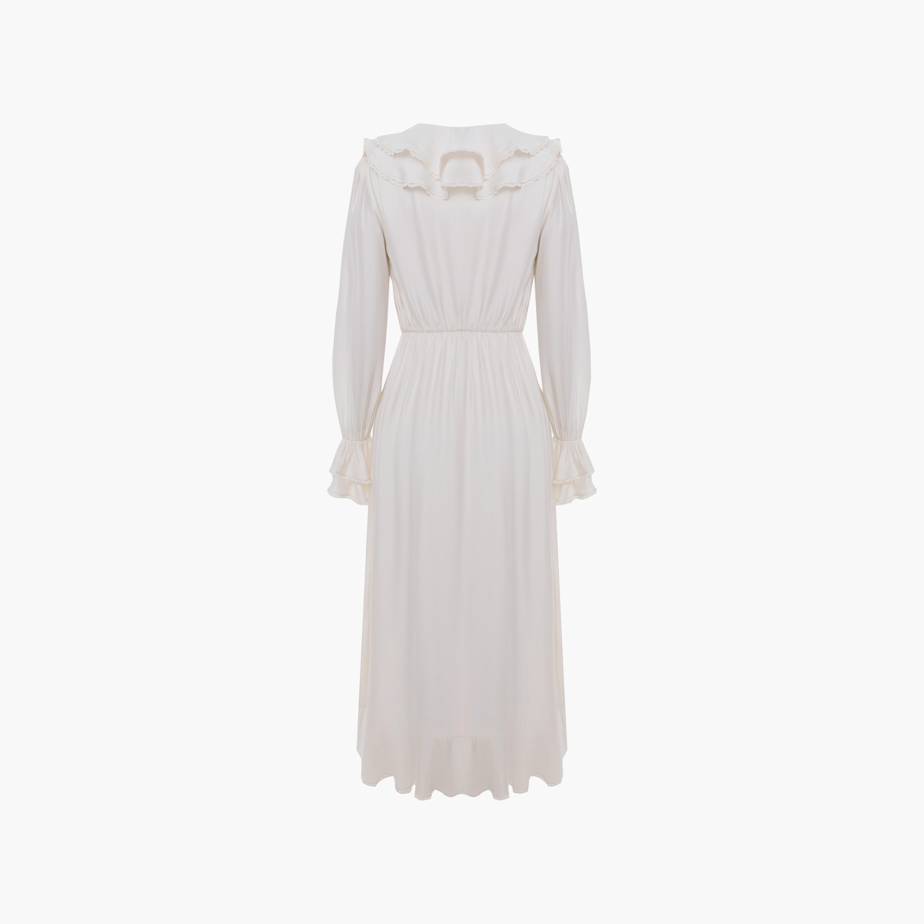 فستان ميدي قروي (بيزانت) بأكمام مجمعة ومزين بكشكشة باللون الكريمي من ليتشي-women-clothing-dresses-image-5