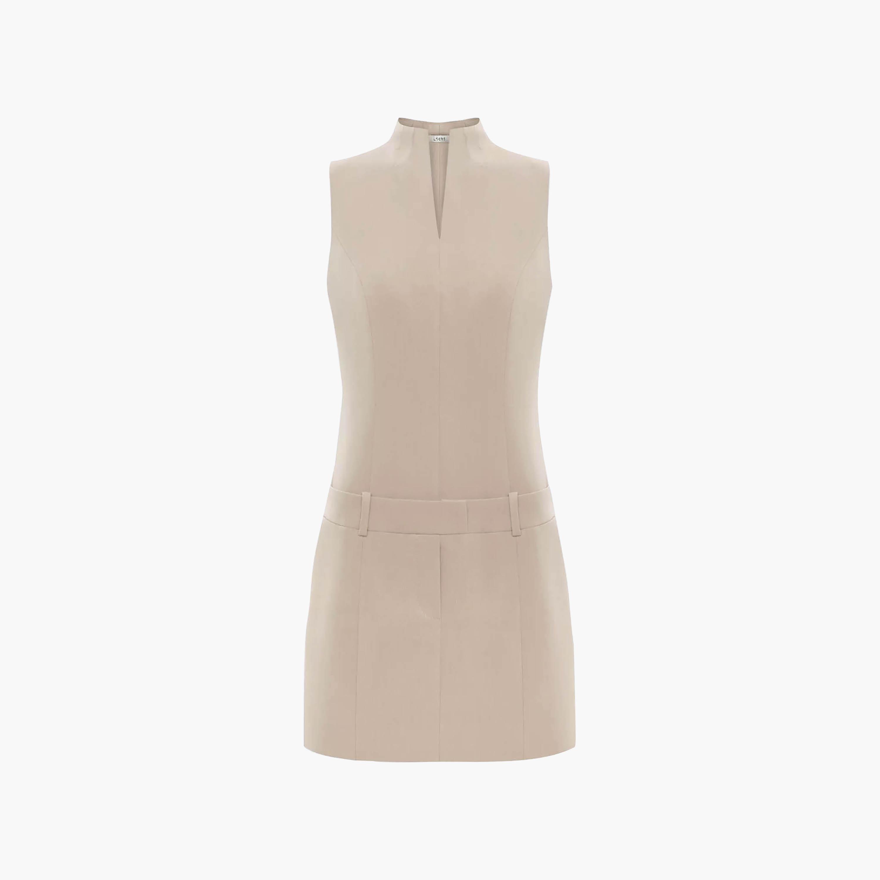 Lichi Beige Stand Collar Sheath Women's Mini Dress-women-clothing-dresses-image-6