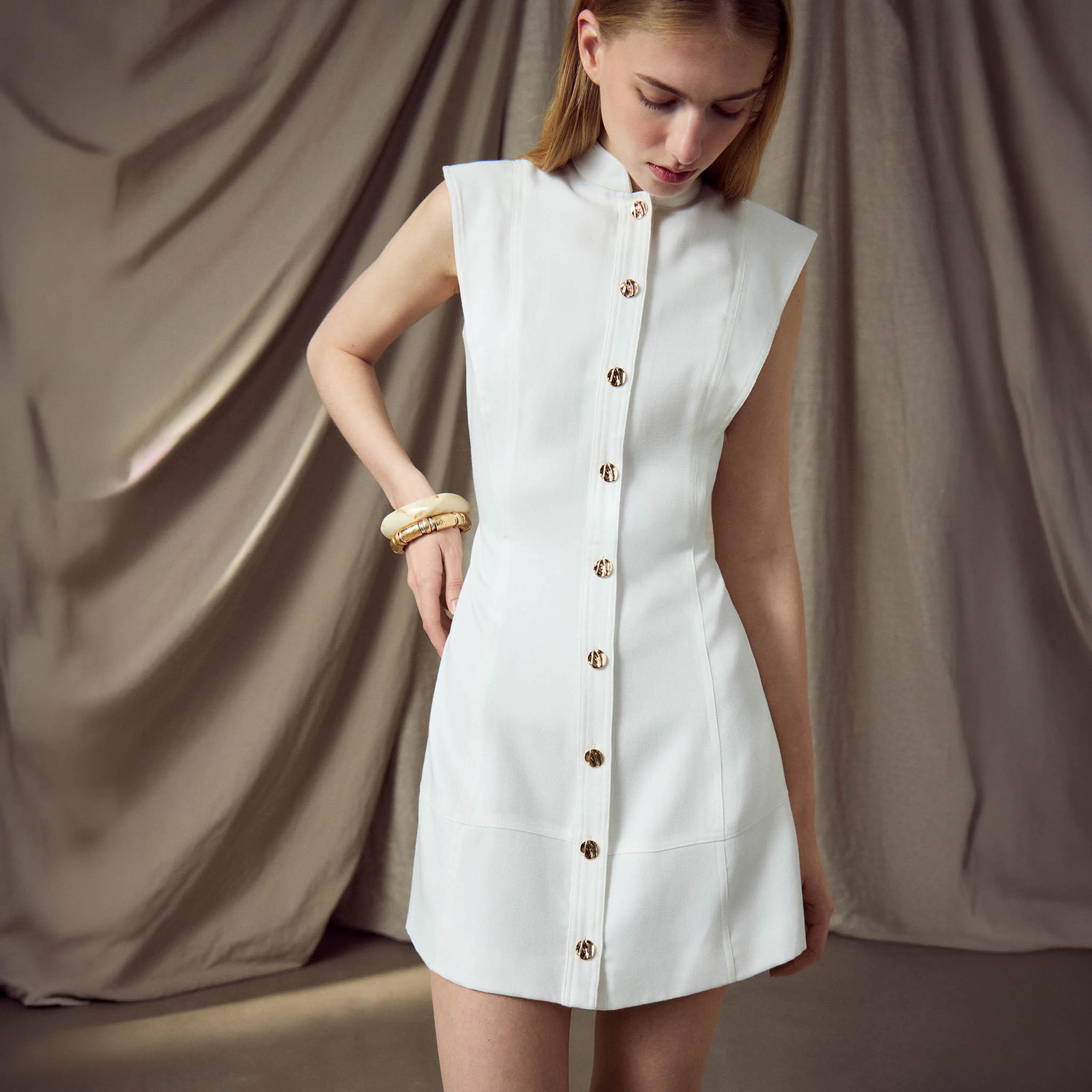 Lichi White Mandarin Collar Sheath Women's Mini Dress-women-clothing-dresses-image-1