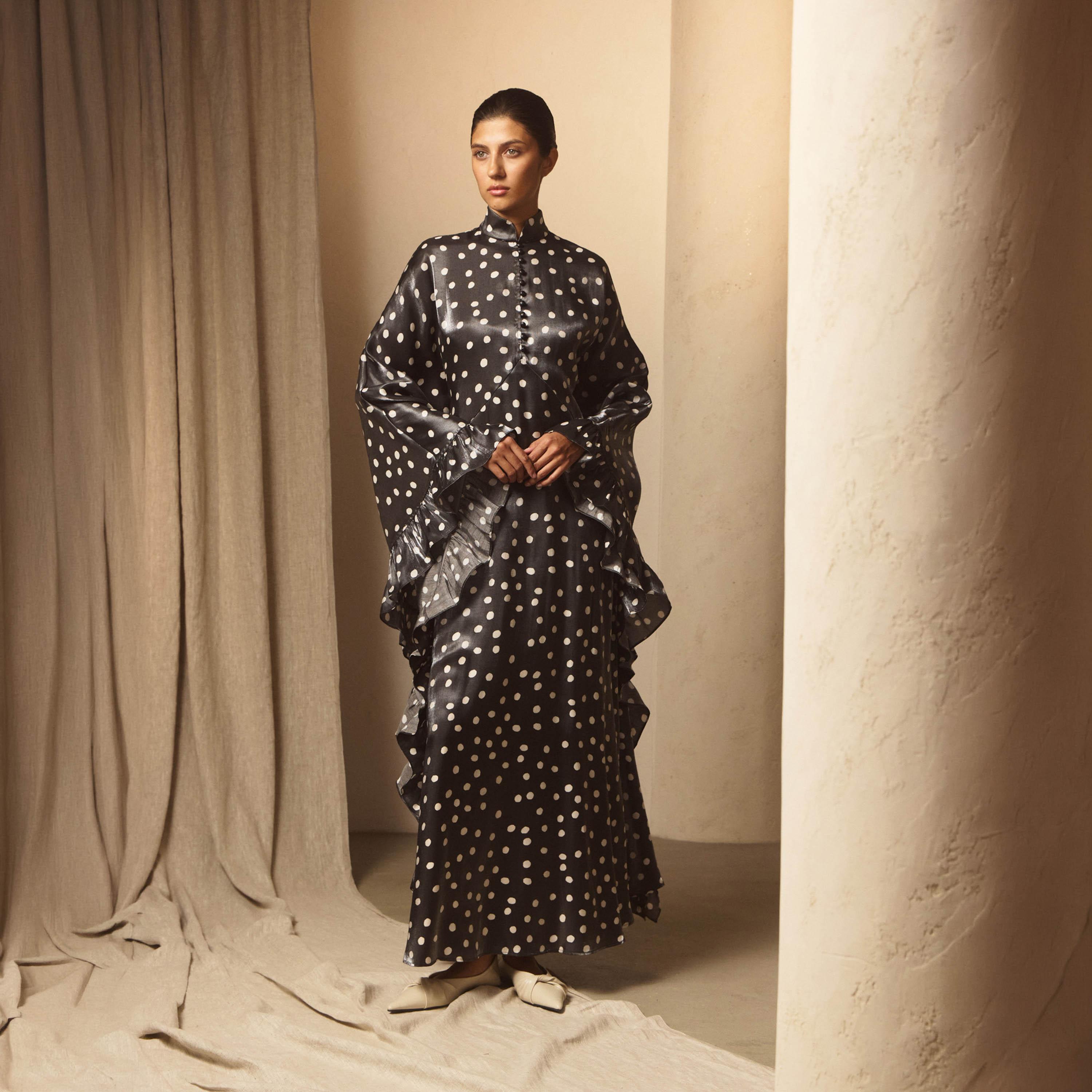 Lichi Black Polka Dot High Neck Kaftan Women's Maxi Dress-women-clothing-dresses-image-1