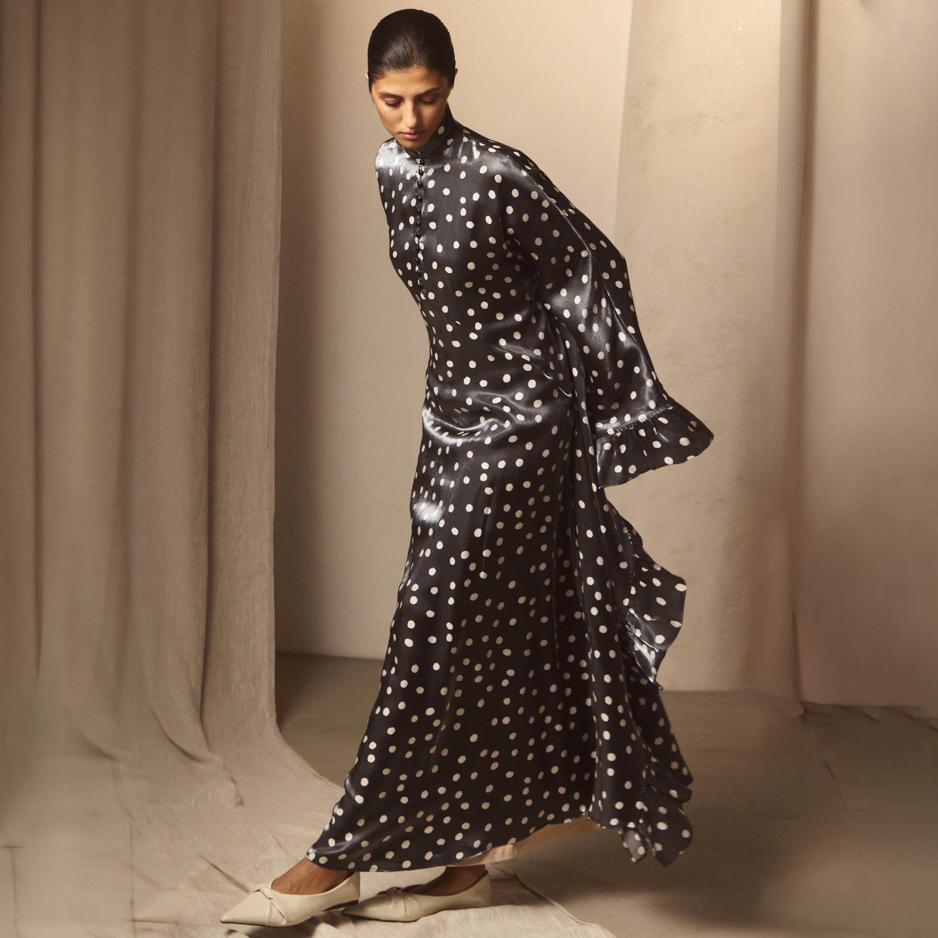 Lichi Black Polka Dot High Neck Kaftan Women's Maxi Dress-women-clothing-dresses-image-2
