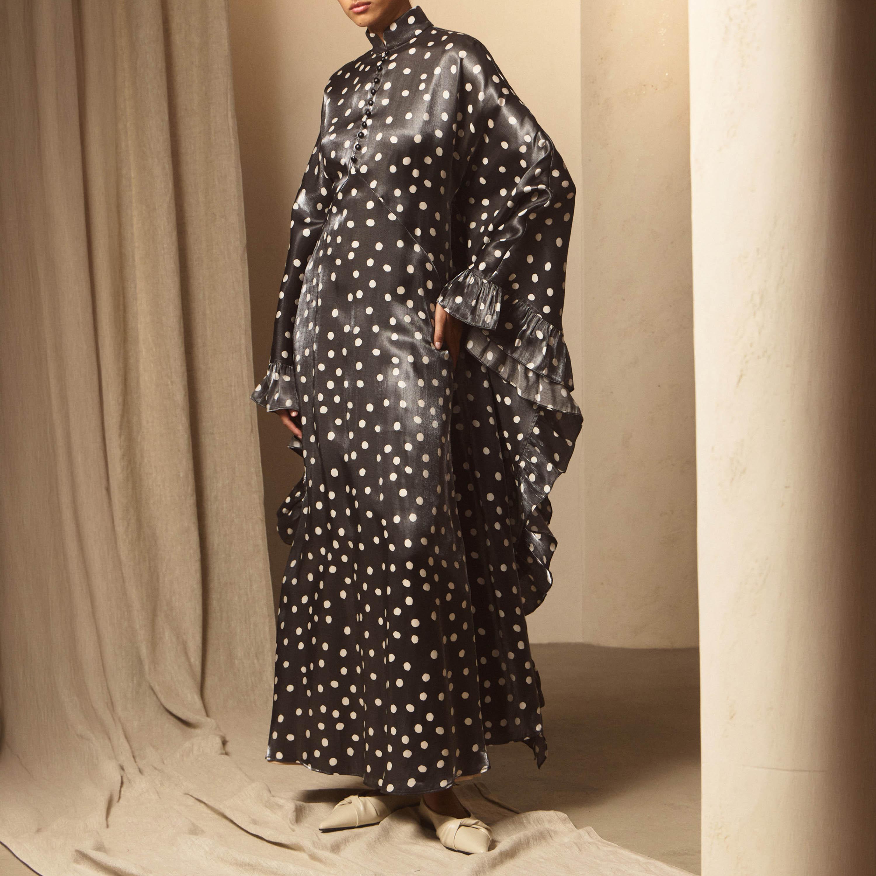 Lichi Black Polka Dot High Neck Kaftan Women's Maxi Dress-women-clothing-dresses-image-4