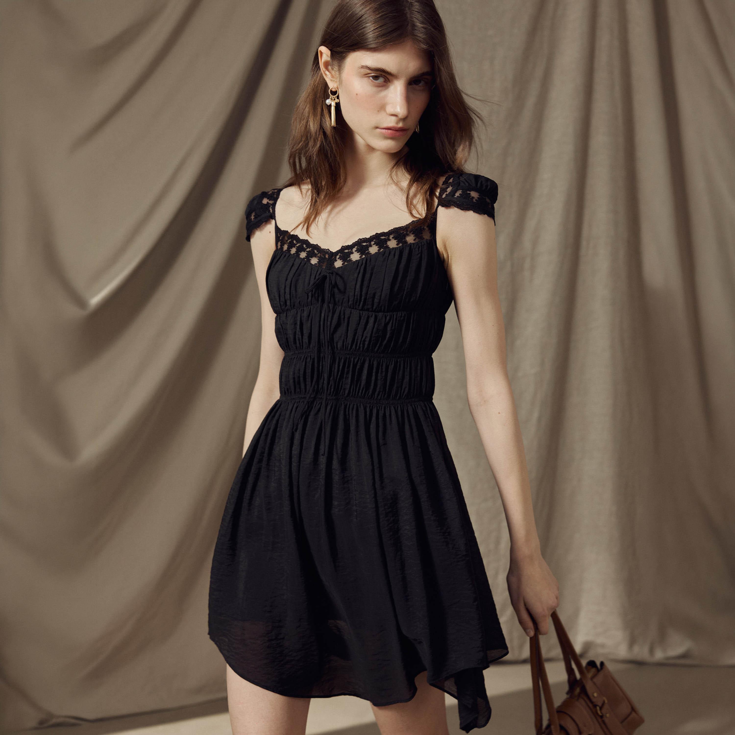 Lichi Black Lace Trim Smocked Square Neck Fit & Flared Women's Mini Dress-women-clothing-dresses-image-1