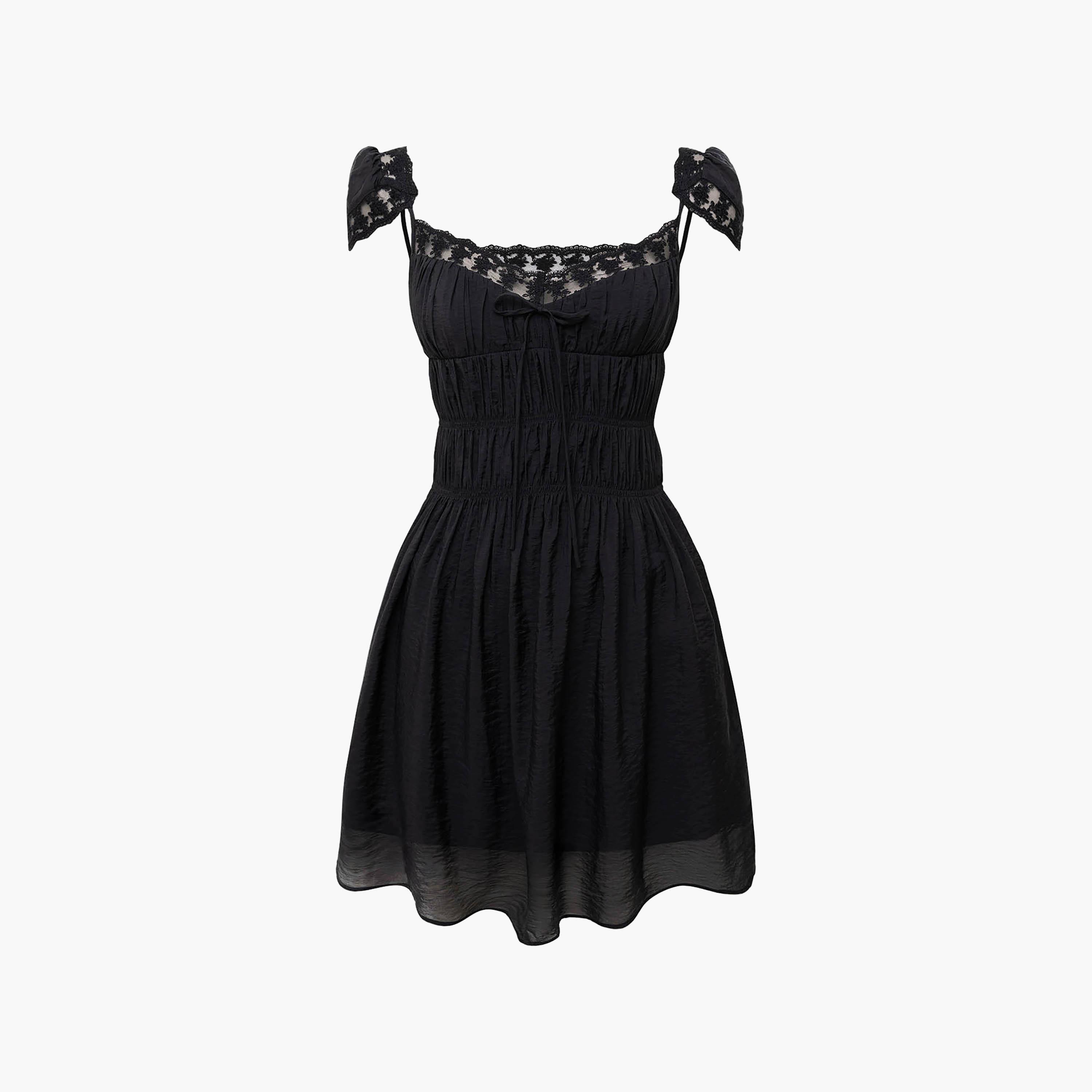 Lichi Black Lace Trim Smocked Square Neck Fit & Flared Women's Mini Dress-women-clothing-dresses-image-5