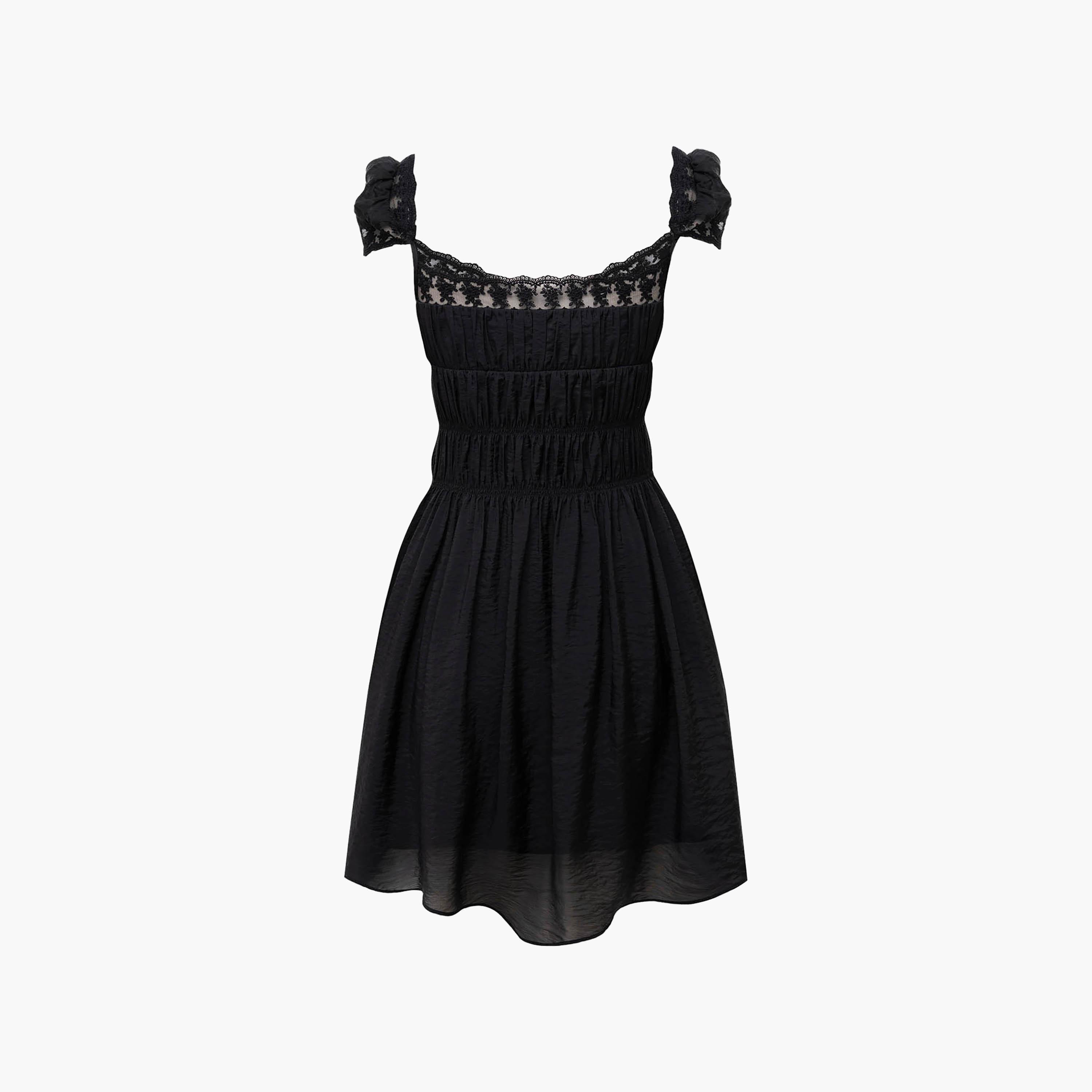 Lichi Black Lace Trim Smocked Square Neck Fit & Flared Women's Mini Dress-women-clothing-dresses-image-6
