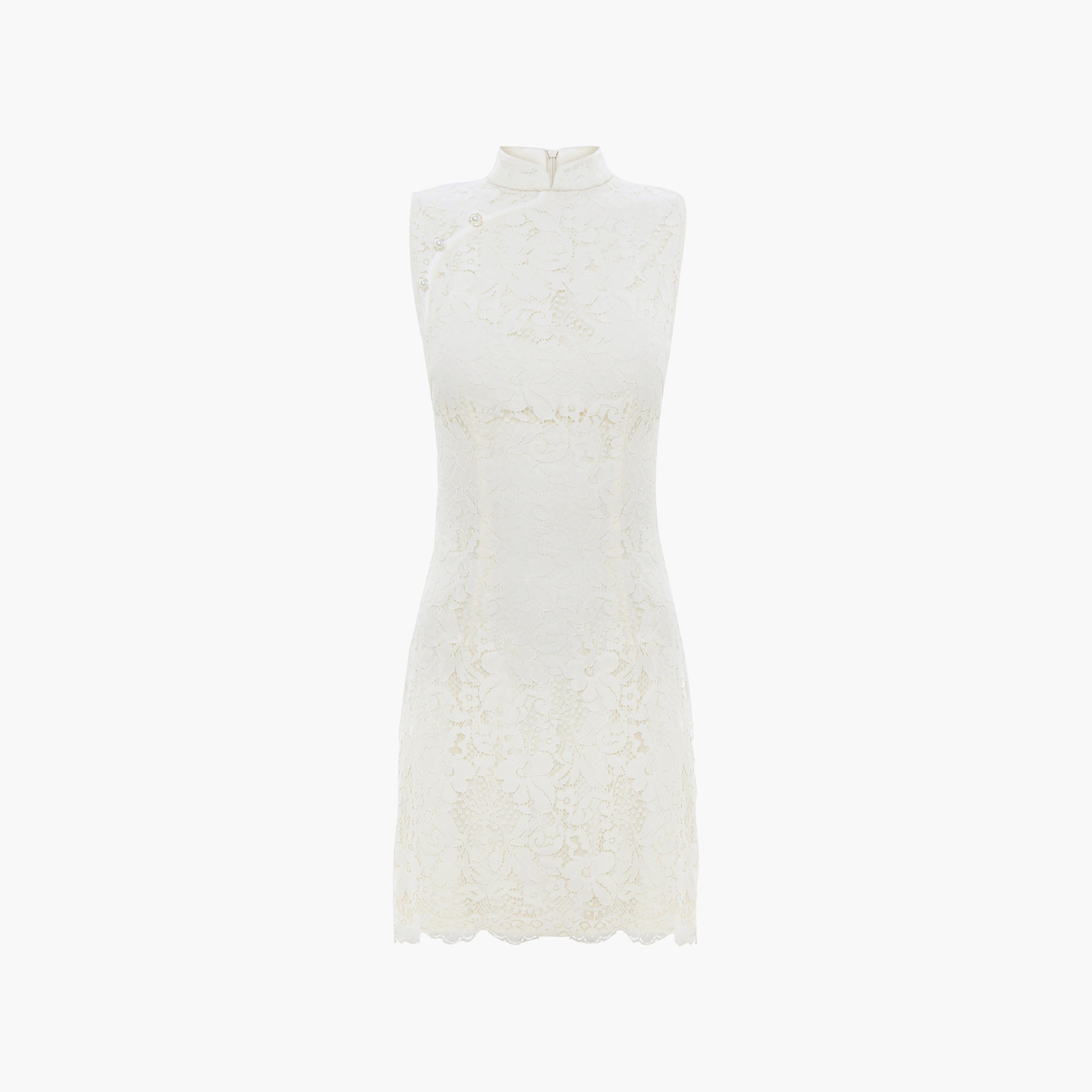 Lichi Cream Floral Lace Mandarin Collar Sheath Women's Mini Dress-women-clothing-dresses-image-5