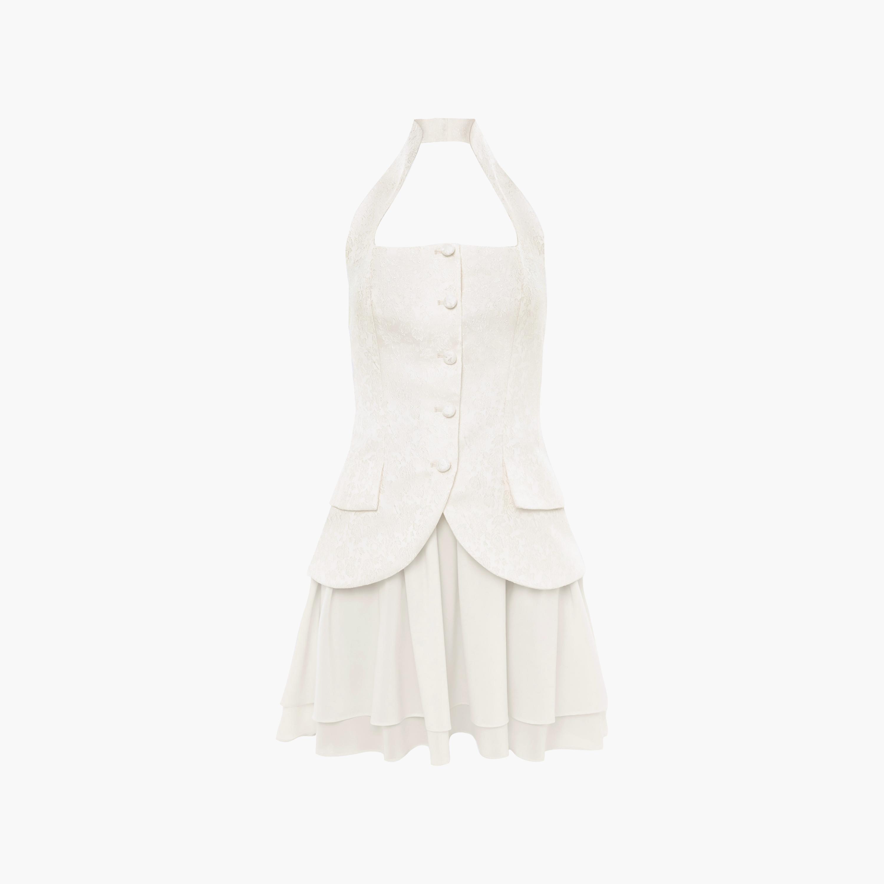 Lichi Cream Floral Jacquard Halter Neck Drop-Waist Women's Mini Dress-women-clothing-dresses-image-5
