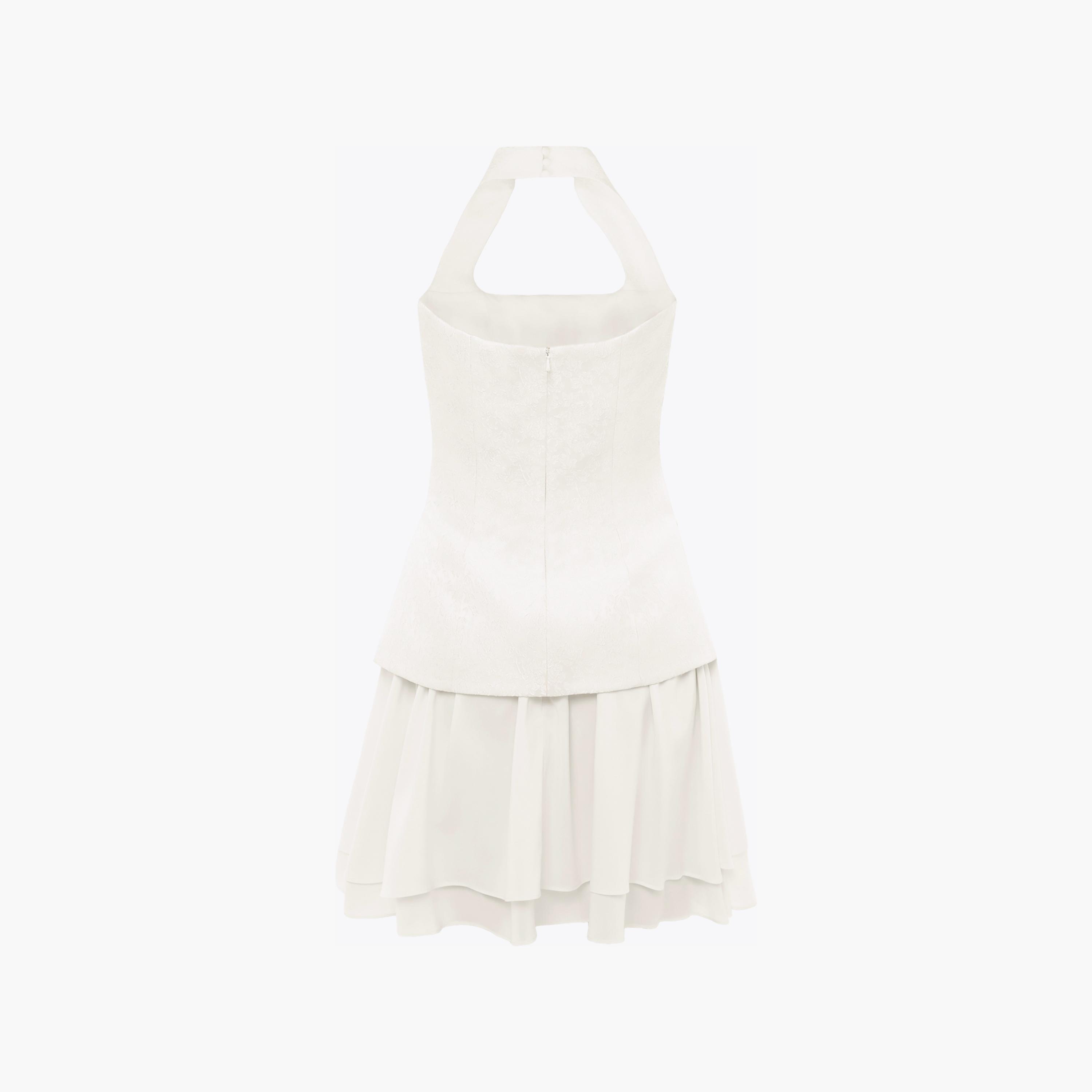 Lichi Cream Floral Jacquard Halter Neck Drop-Waist Women's Mini Dress-women-clothing-dresses-image-6