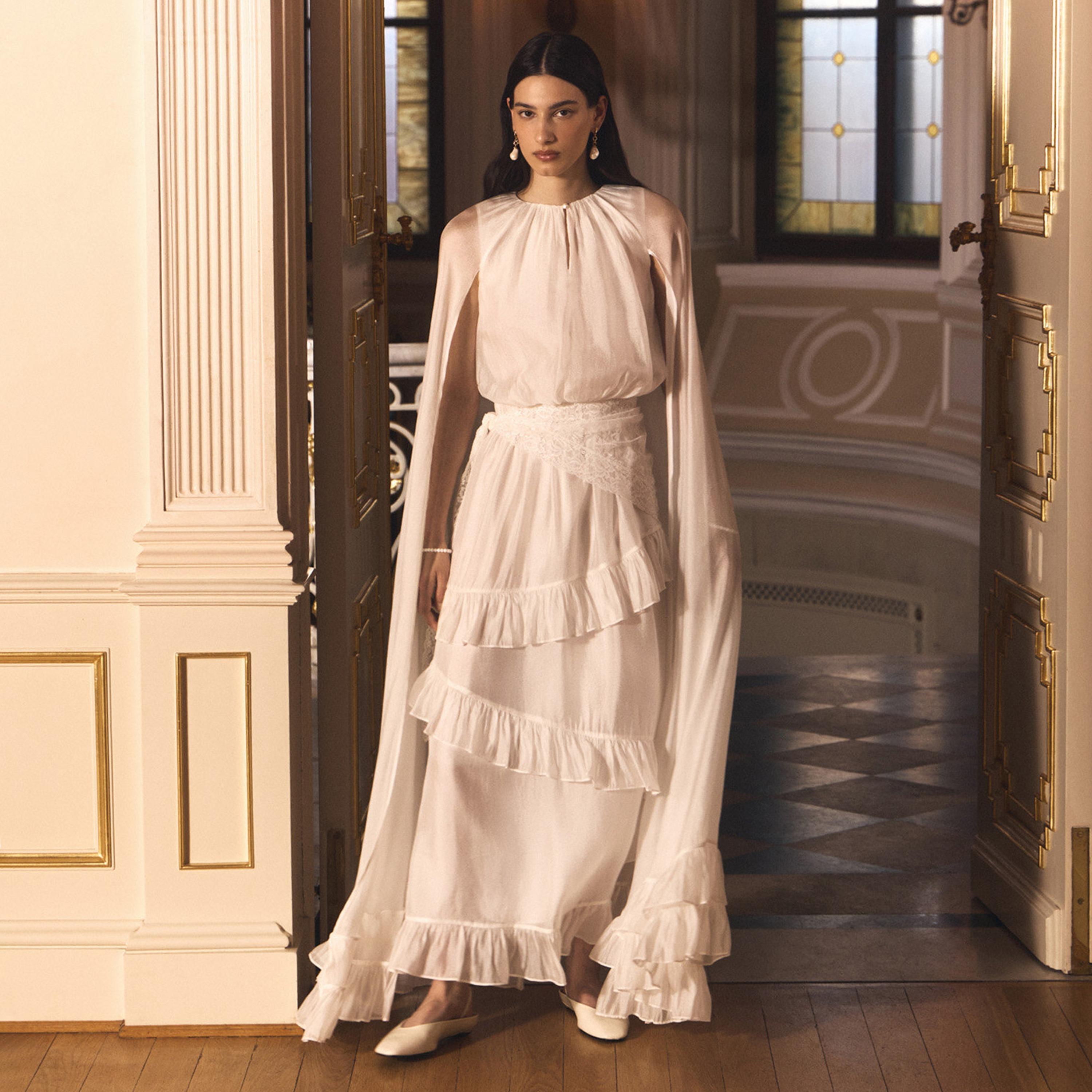 Lichi White Chiffon Keyhole Neck Cape sleeves Tiered Women's Maxi Dress-women-clothing-dresses-image-1