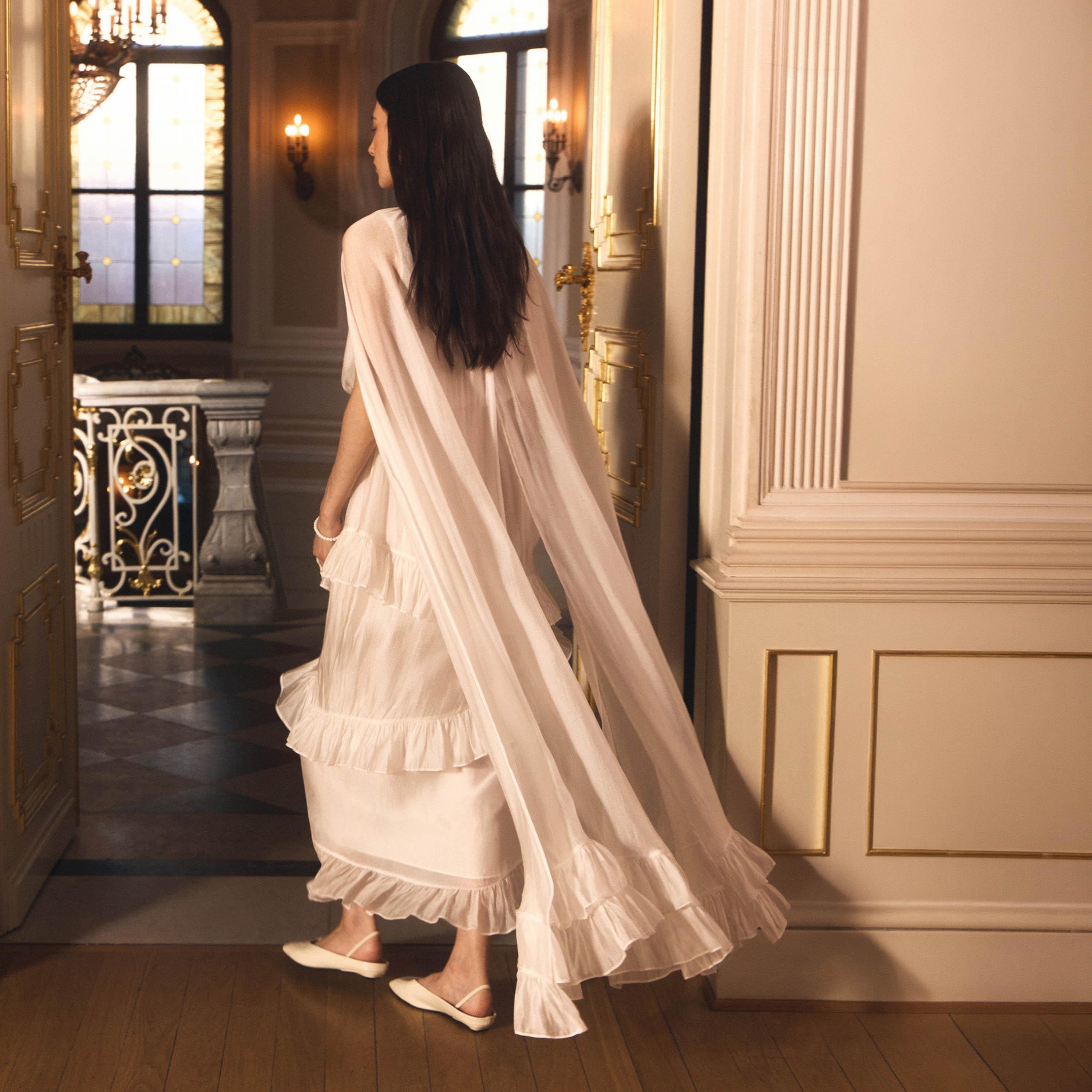 Lichi White Chiffon Keyhole Neck Cape sleeves Tiered Women's Maxi Dress-women-clothing-dresses-image-2