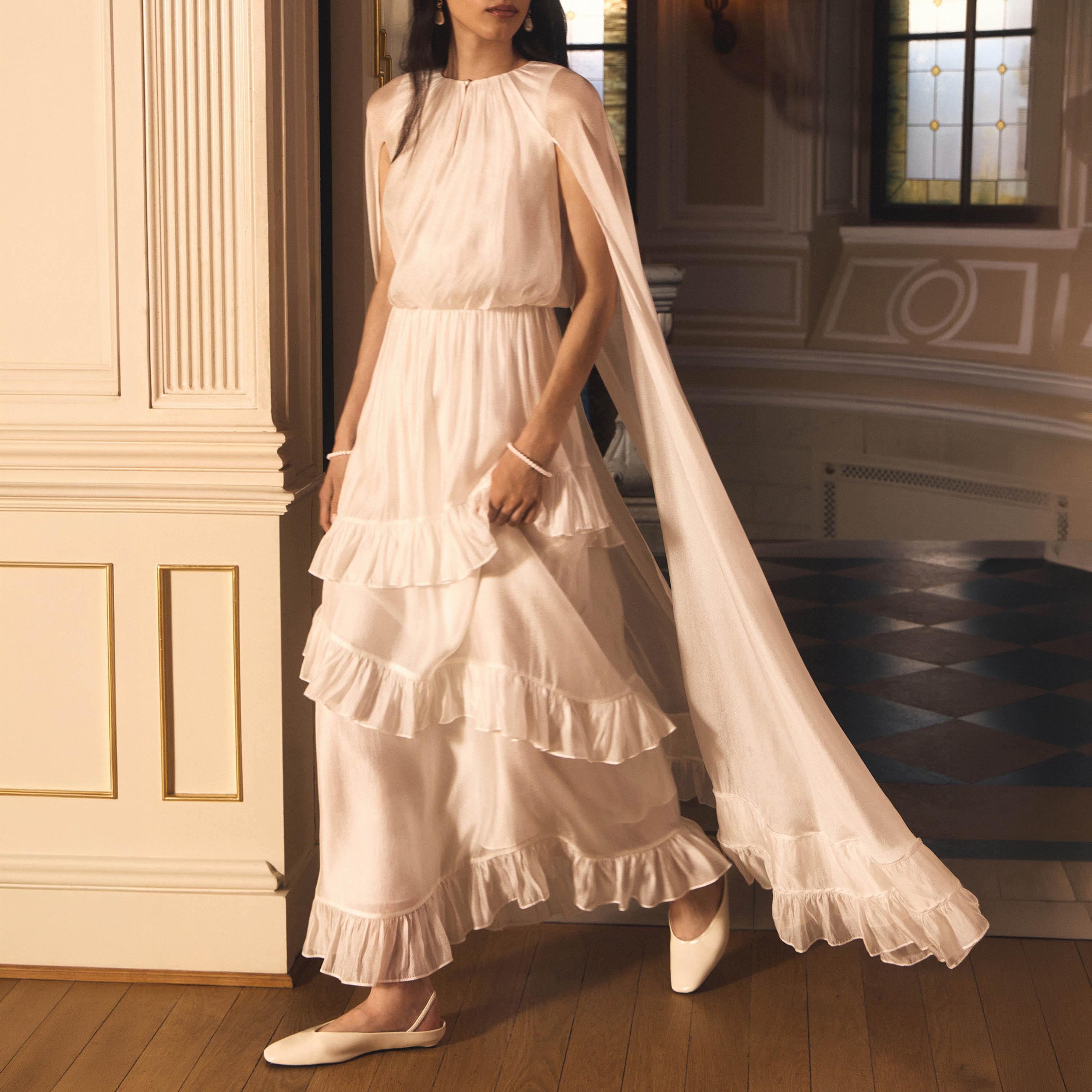 Lichi White Chiffon Keyhole Neck Cape sleeves Tiered Women's Maxi Dress-women-clothing-dresses-image-3