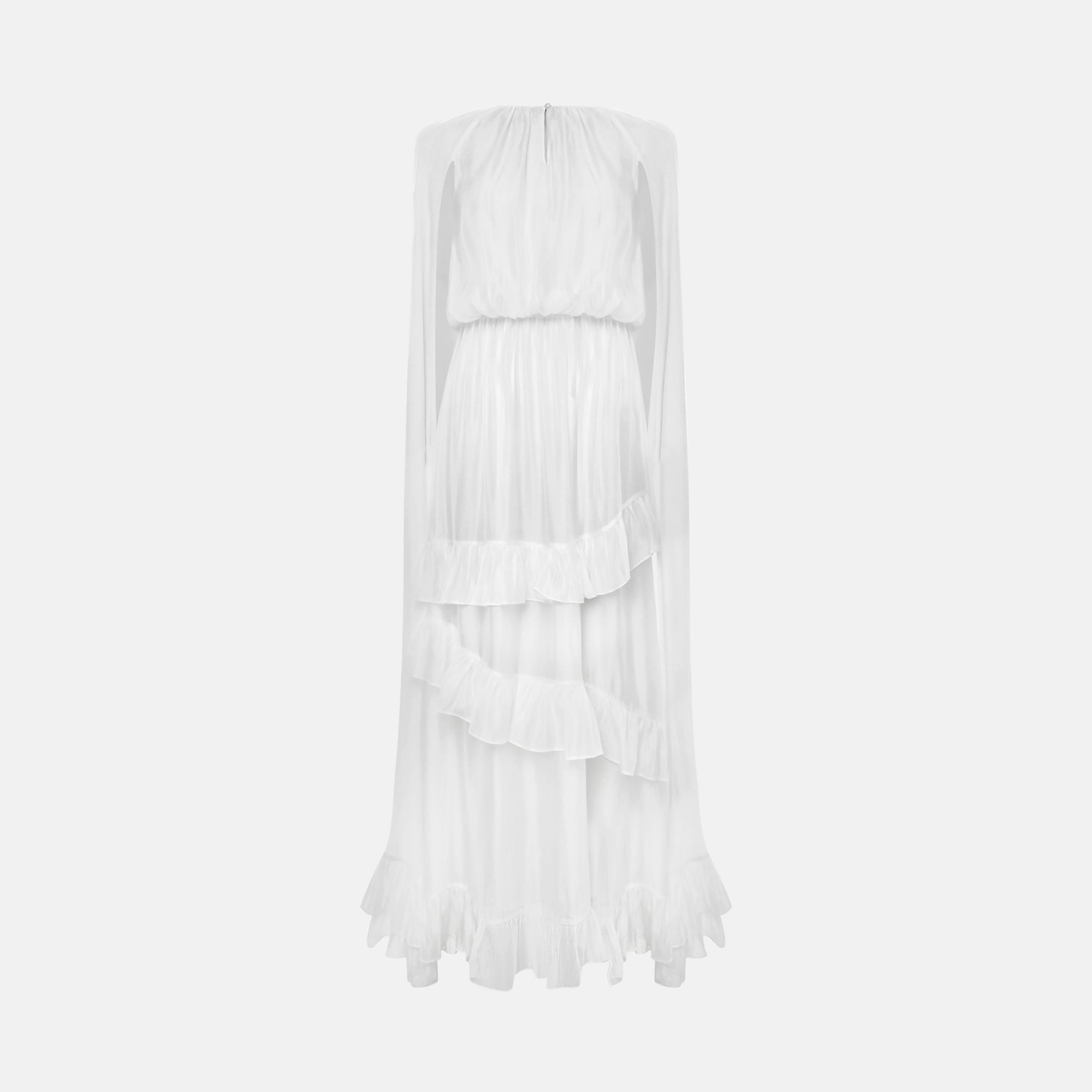 Lichi White Chiffon Keyhole Neck Cape sleeves Tiered Women's Maxi Dress-women-clothing-dresses-image-5