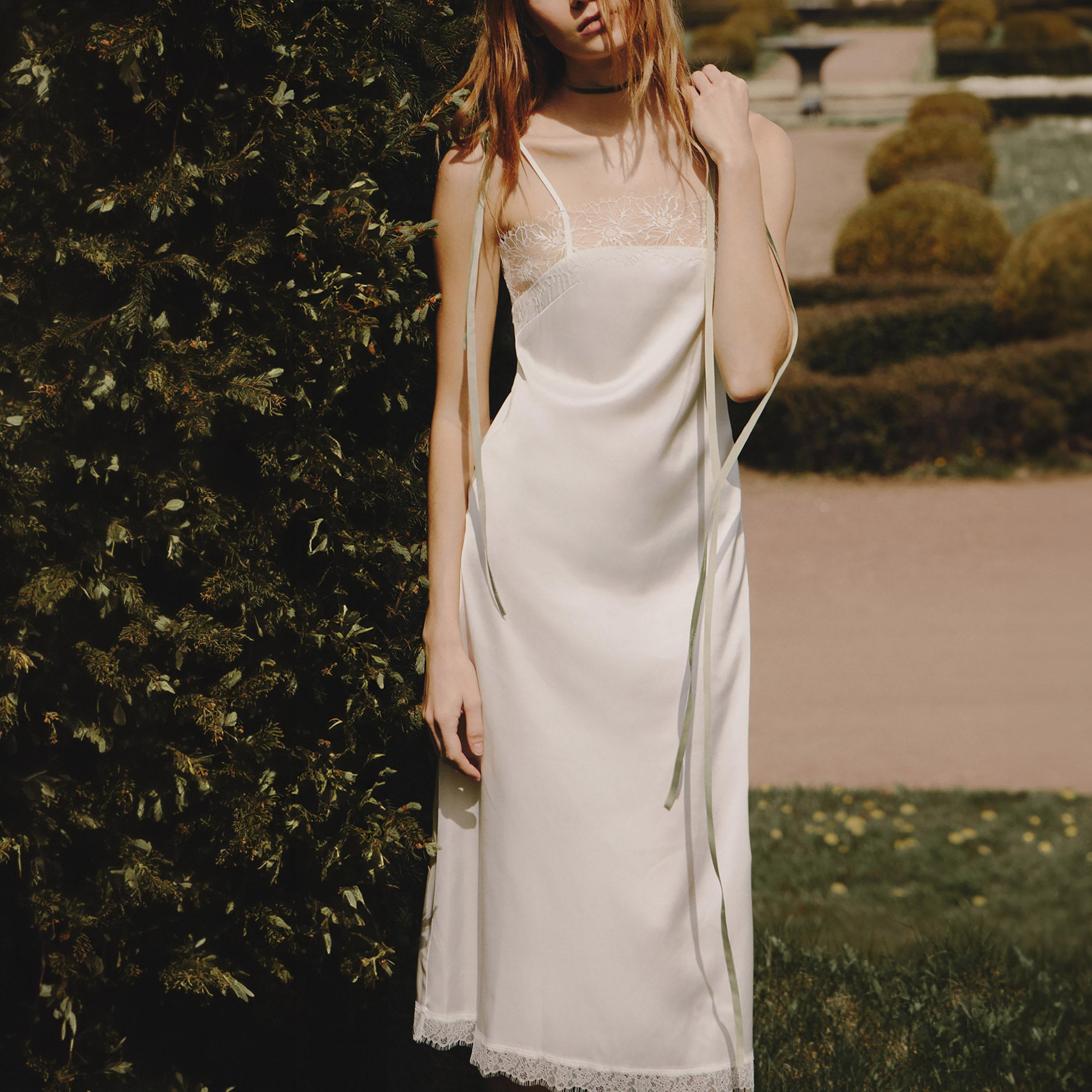 Lichi White Lace Trim Satin Spaghetti Straps Slip Women's Midi Dress-women-clothing-dresses-image-2