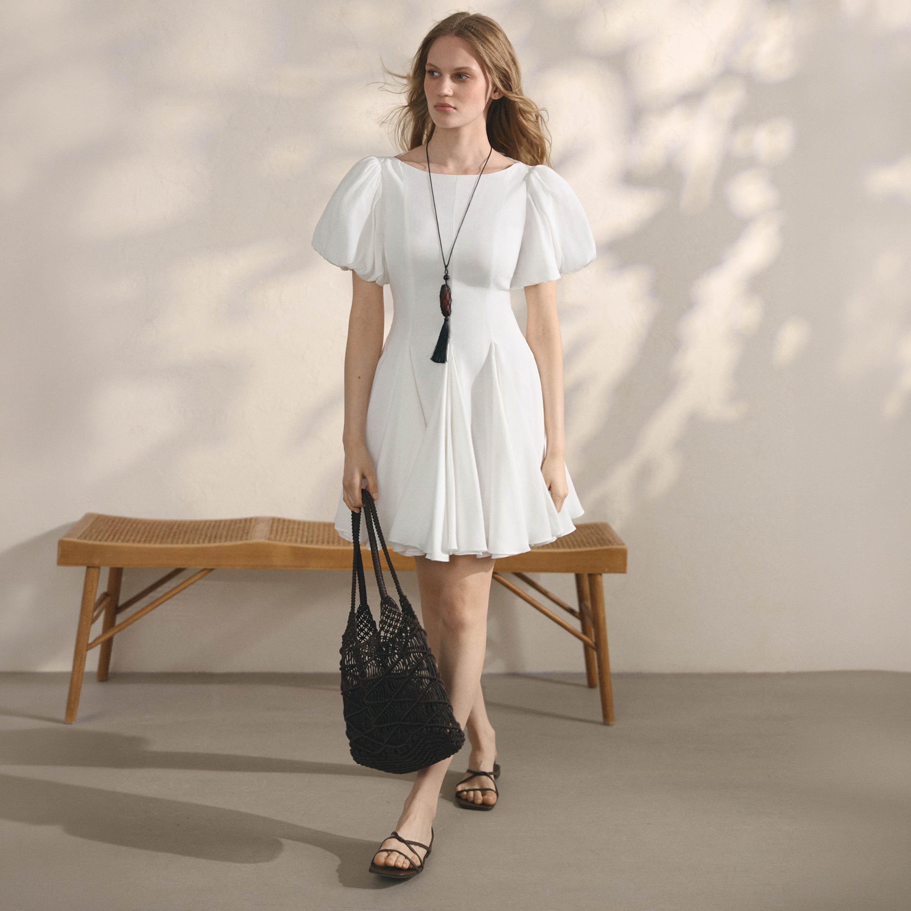 Lichi White Panelled Puff Sleeves Fit & Flared Women's Mini Dress-women-clothing-dresses-image-2
