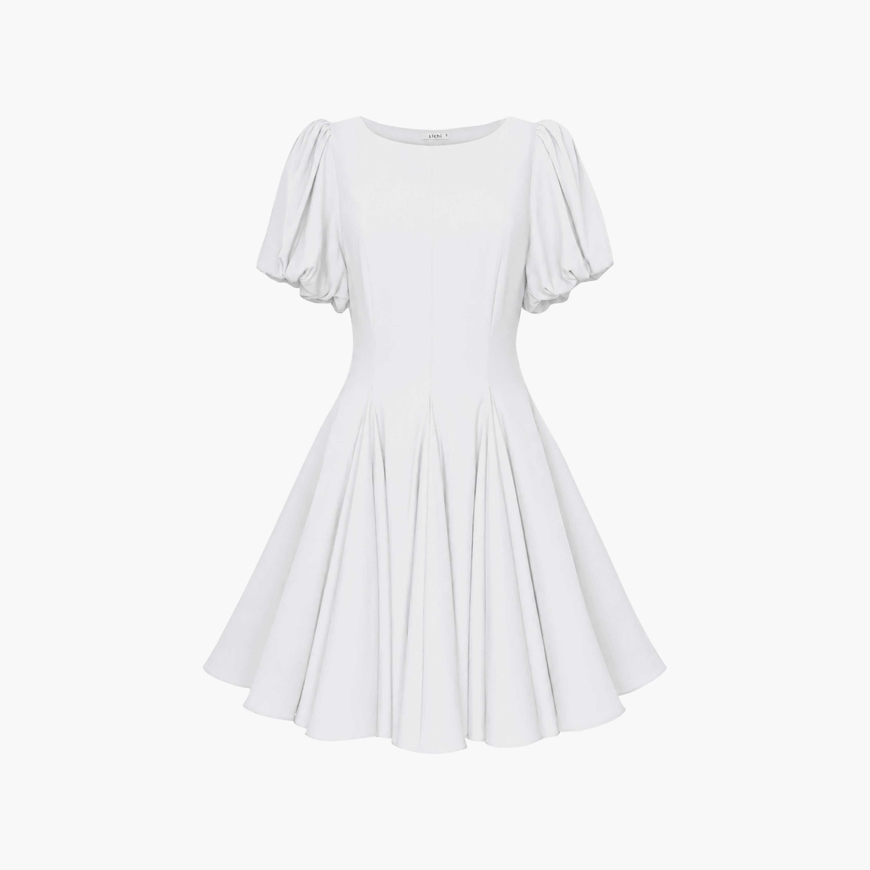 Lichi White Panelled Puff Sleeves Fit & Flared Women's Mini Dress-women-clothing-dresses-image-4