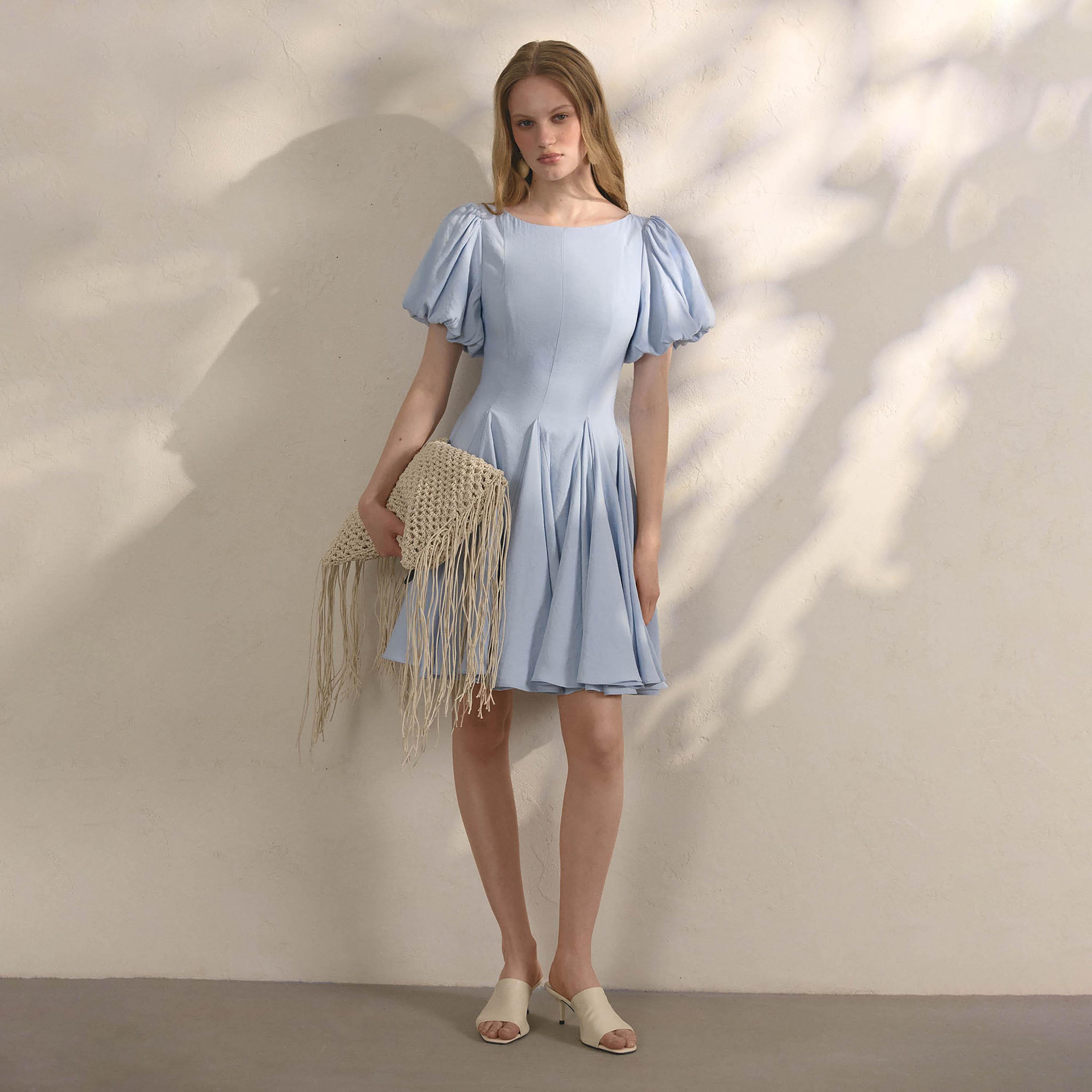 Lichi Blue Puff Sleeves Godet Panelled Women's Mini Dress-women-clothing-dresses-image-2