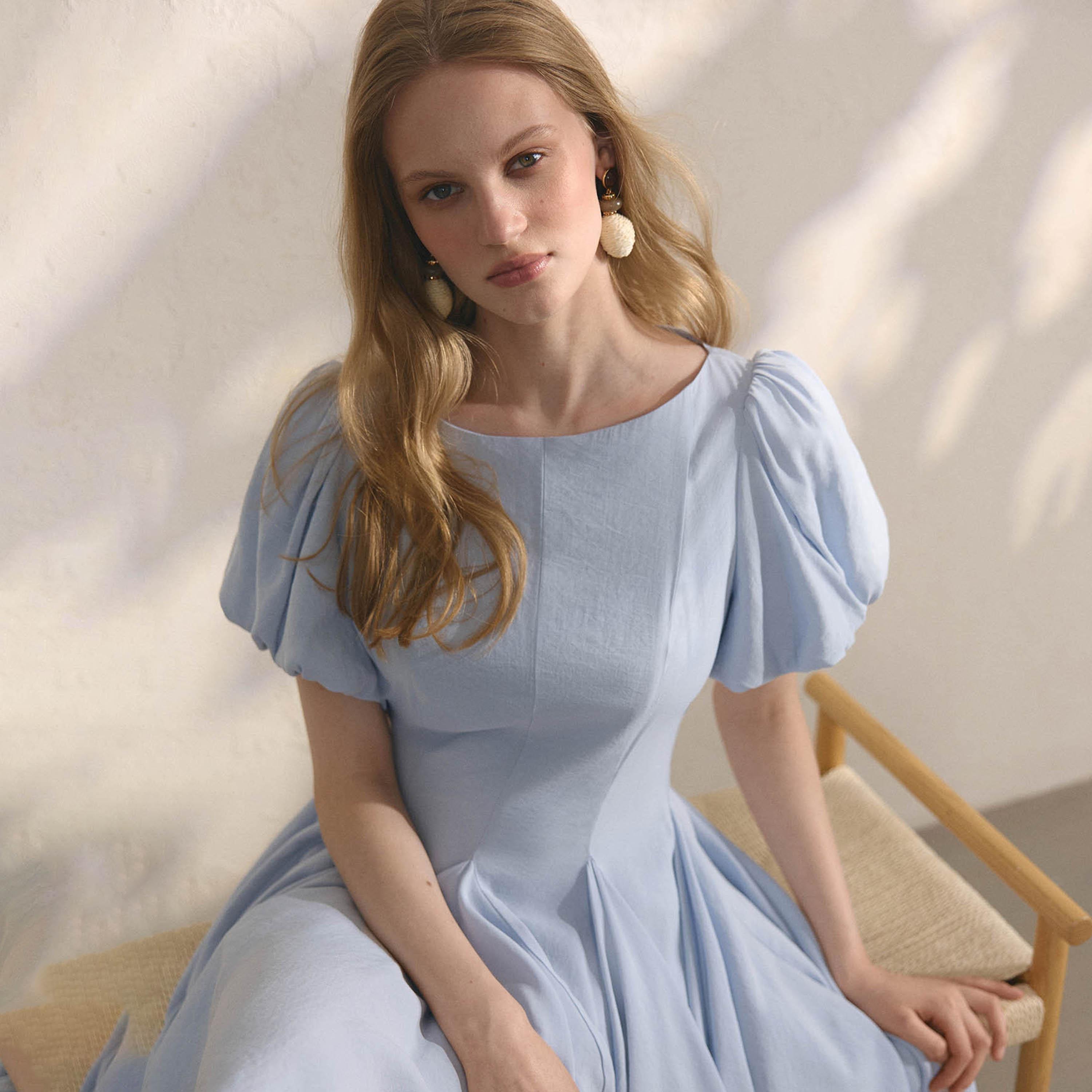 Lichi Blue Puff Sleeves Godet Panelled Women's Mini Dress-women-clothing-dresses-image-3