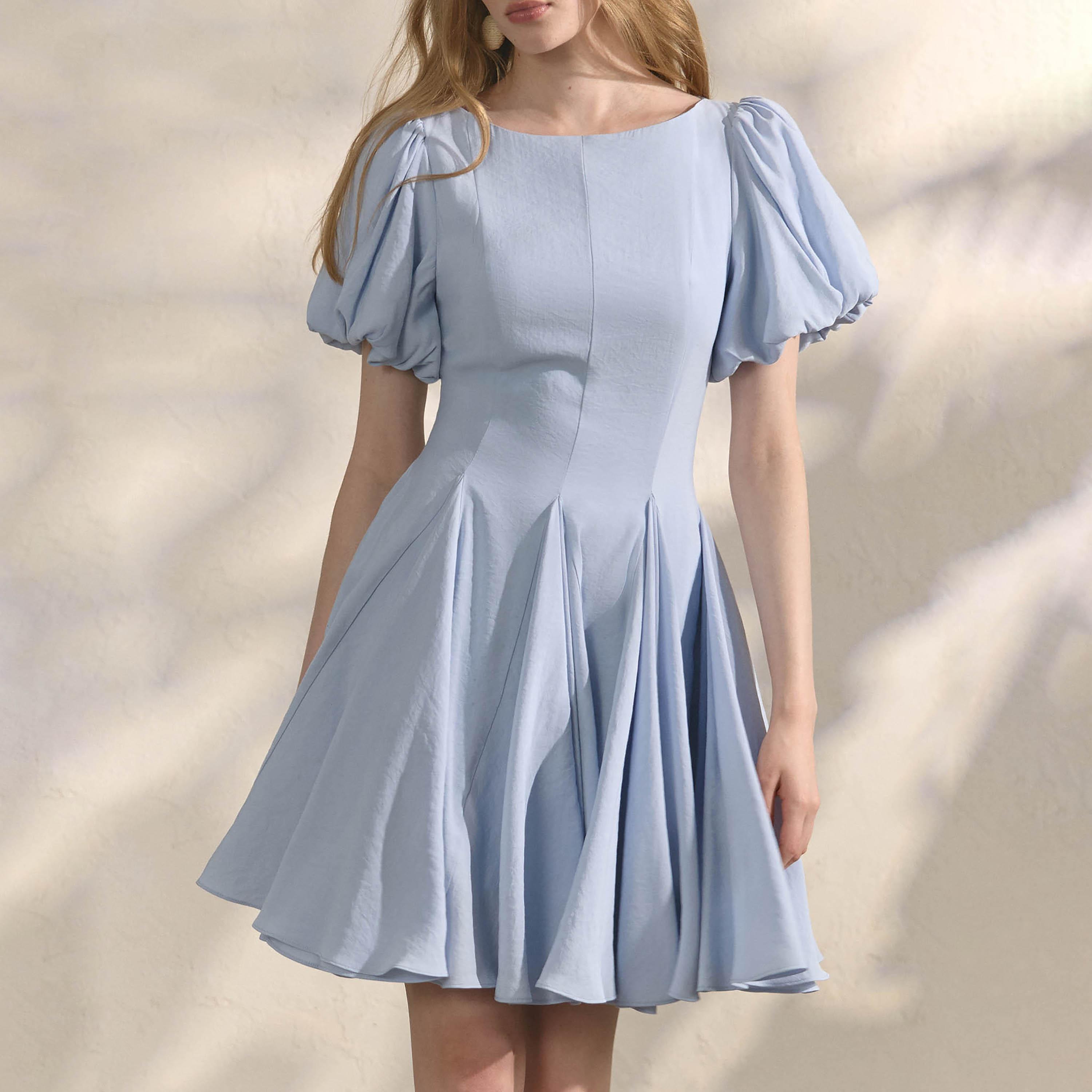 Lichi Blue Puff Sleeves Godet Panelled Women's Mini Dress-women-clothing-dresses-image-4
