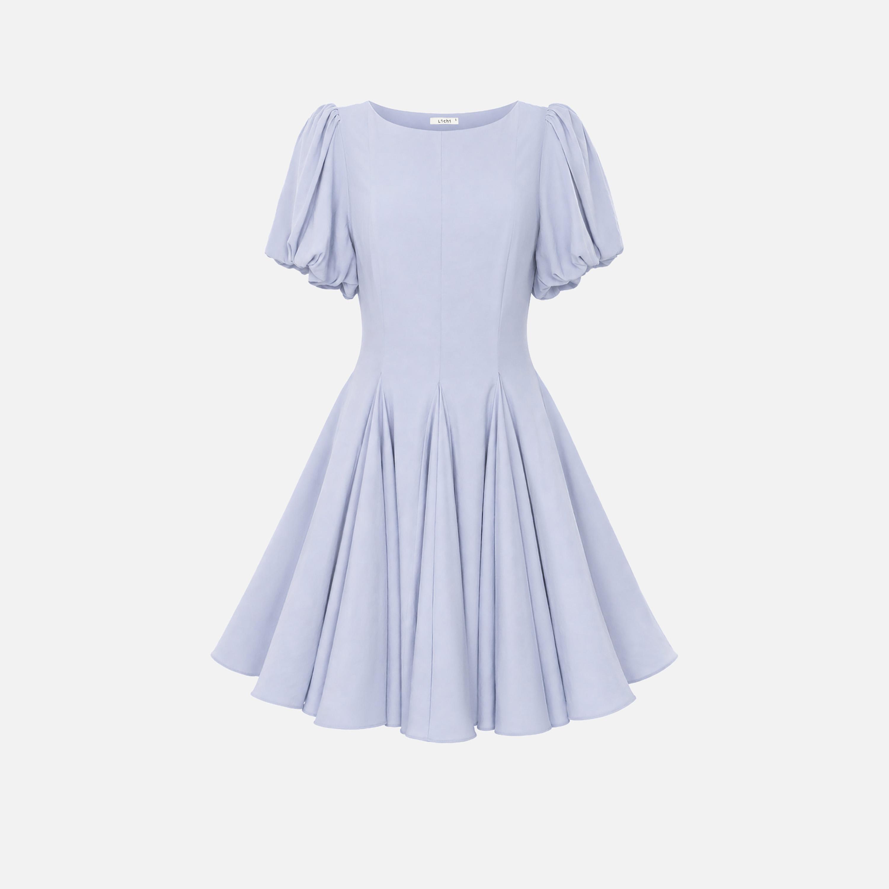 Lichi Blue Puff Sleeves Godet Panelled Women's Mini Dress-women-clothing-dresses-image-5