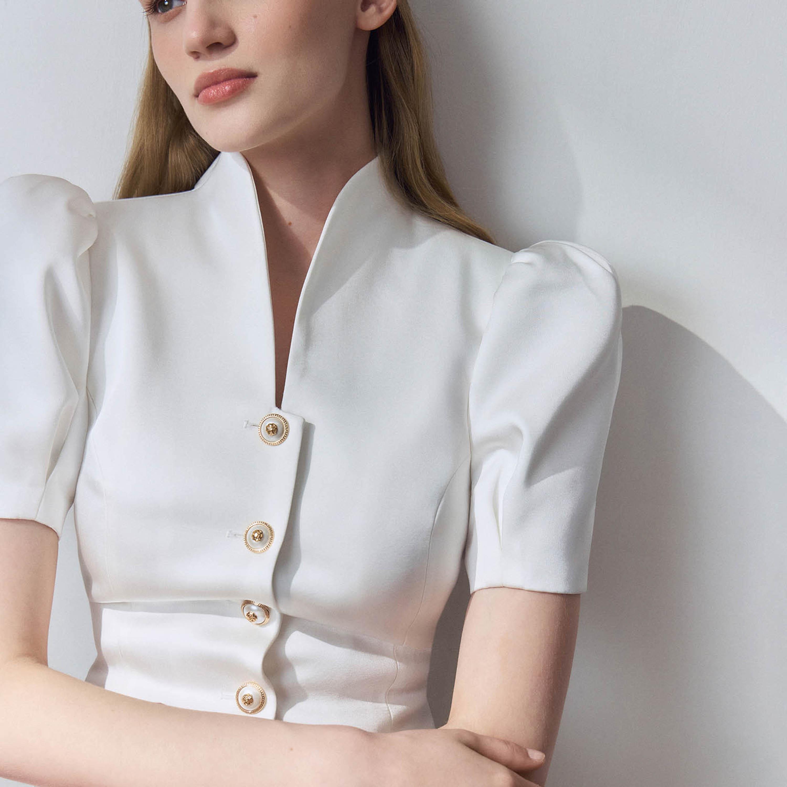 Lichi White Stand Collar Puff Sleeves Sheath Women's Mini Evening Dress-women-clothing-dresses-image-3