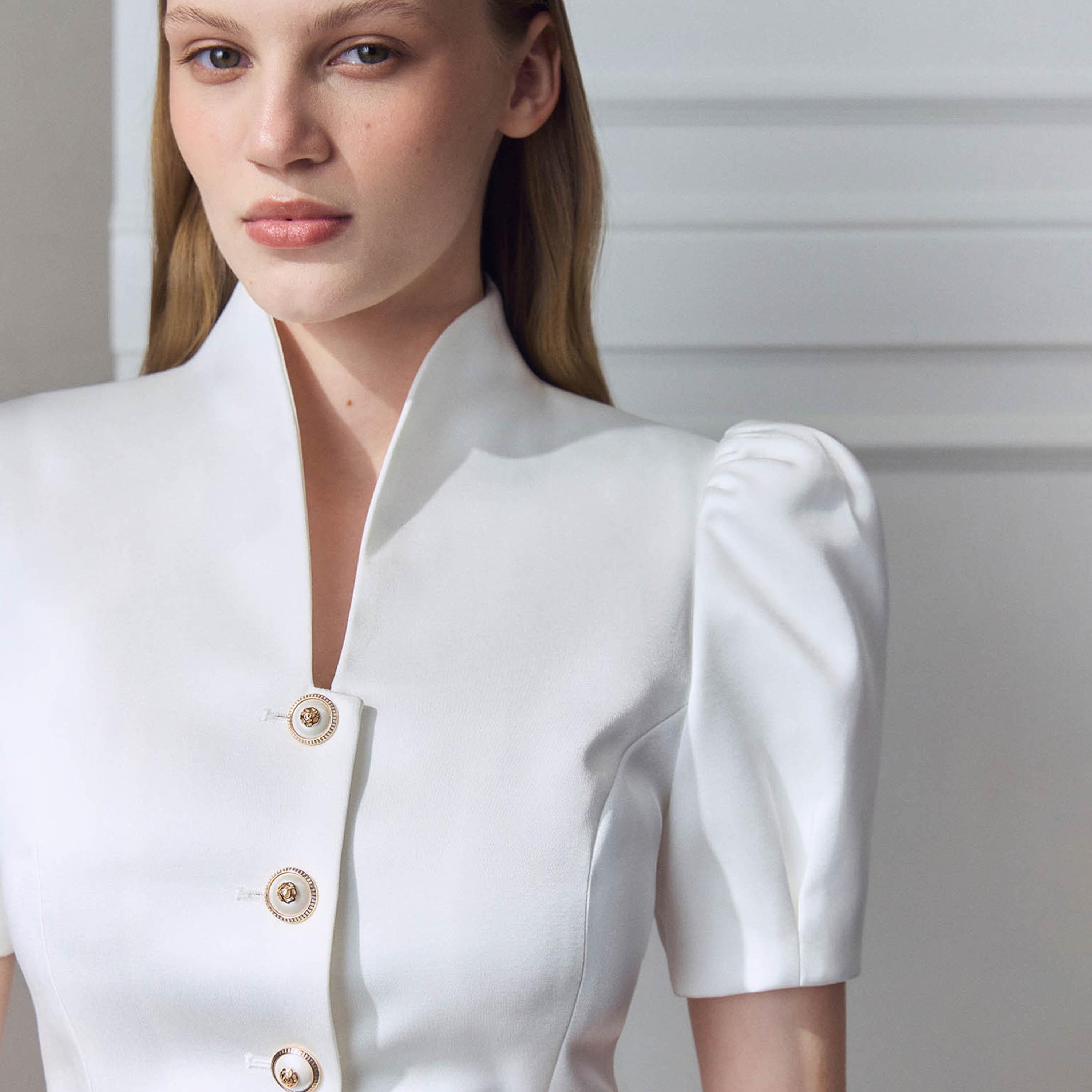 Lichi White Stand Collar Puff Sleeves Sheath Women's Mini Evening Dress-women-clothing-dresses-image-4