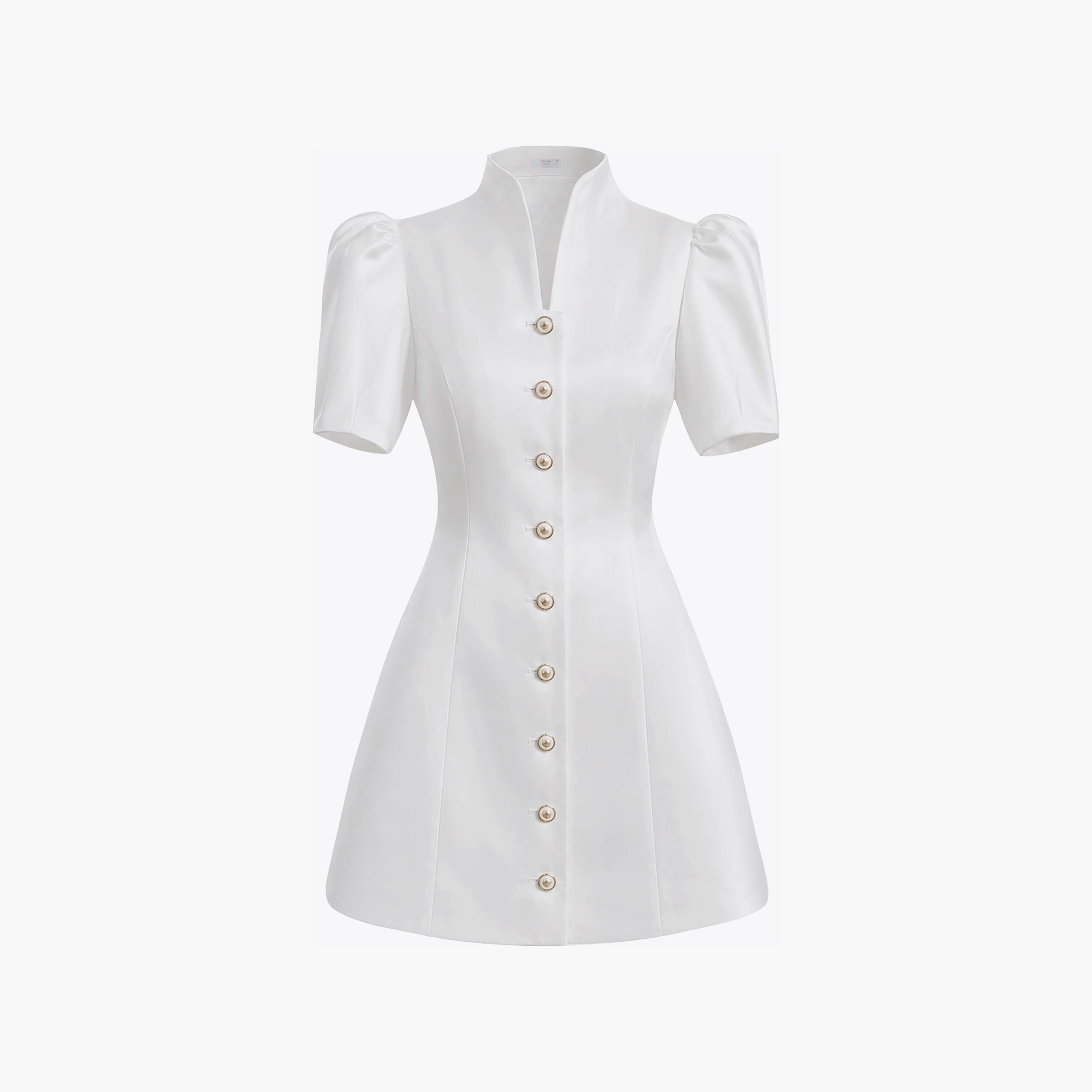 Lichi White Stand Collar Puff Sleeves Sheath Women's Mini Evening Dress-women-clothing-dresses-image-5