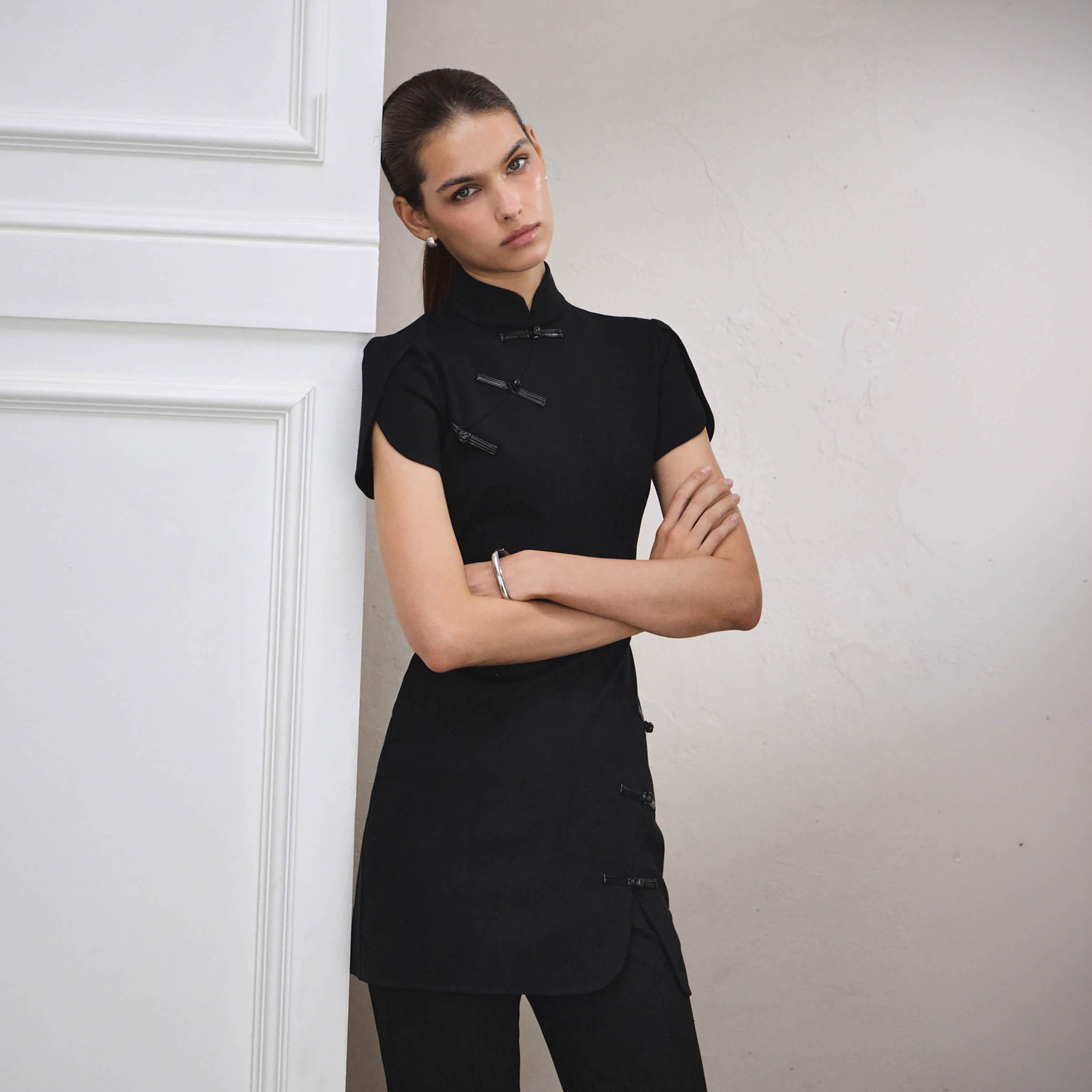Lichi Black Stand-Up Collar Tulip Sleeves Sheath Women's Mini Dress-women-clothing-dresses-image-1
