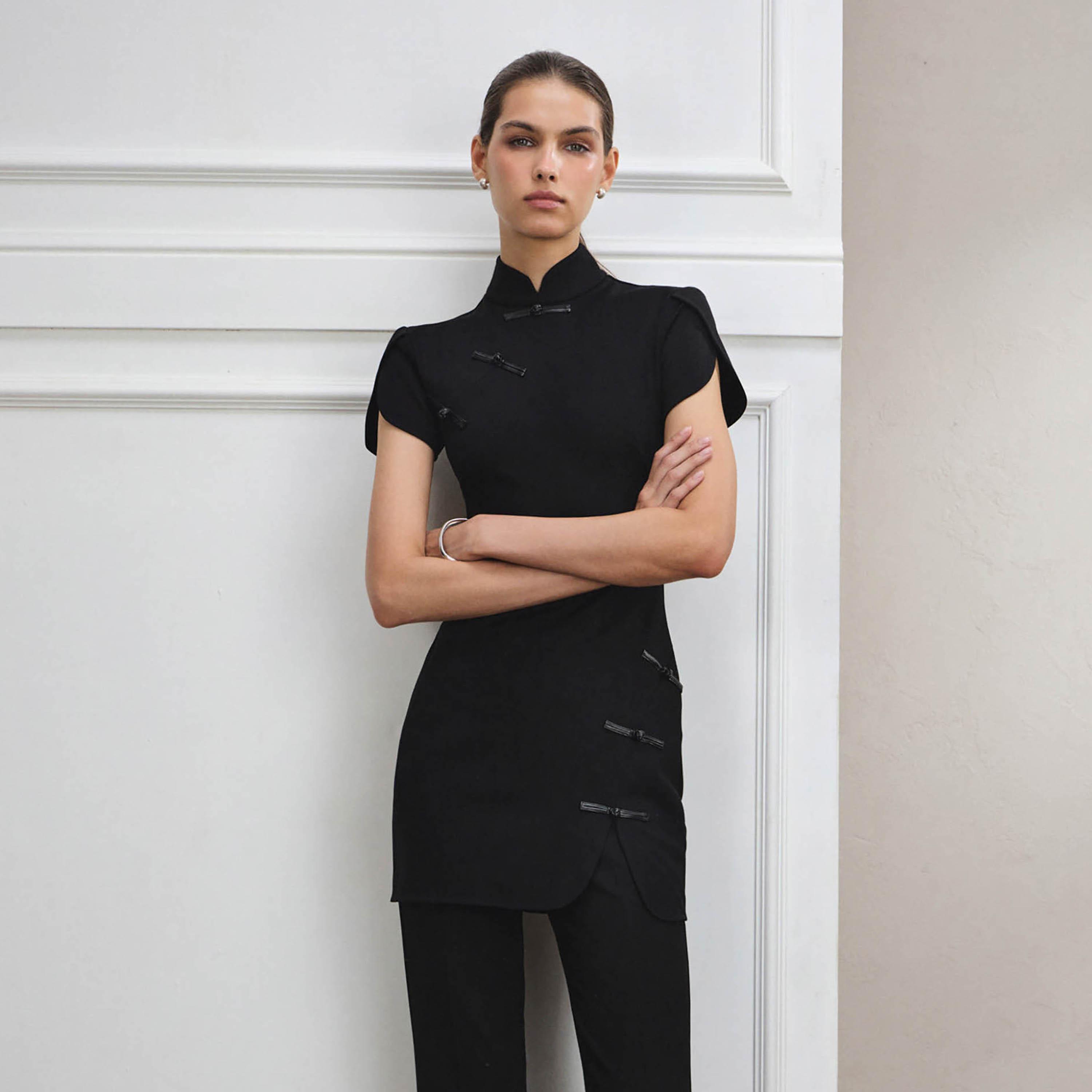 Lichi Black Stand-Up Collar Tulip Sleeves Sheath Women's Mini Dress-women-clothing-dresses-image-2