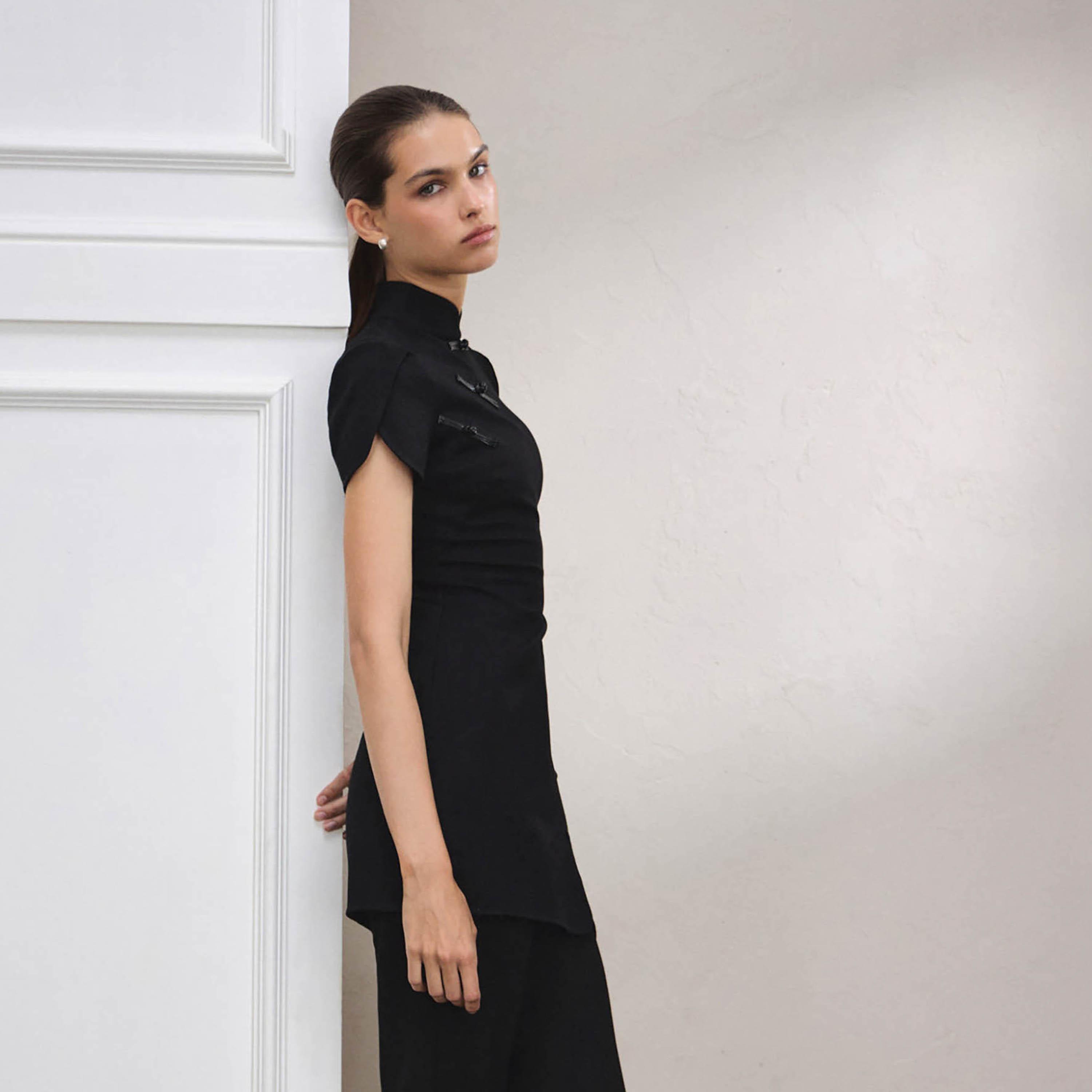 Lichi Black Stand-Up Collar Tulip Sleeves Sheath Women's Mini Dress-women-clothing-dresses-image-3