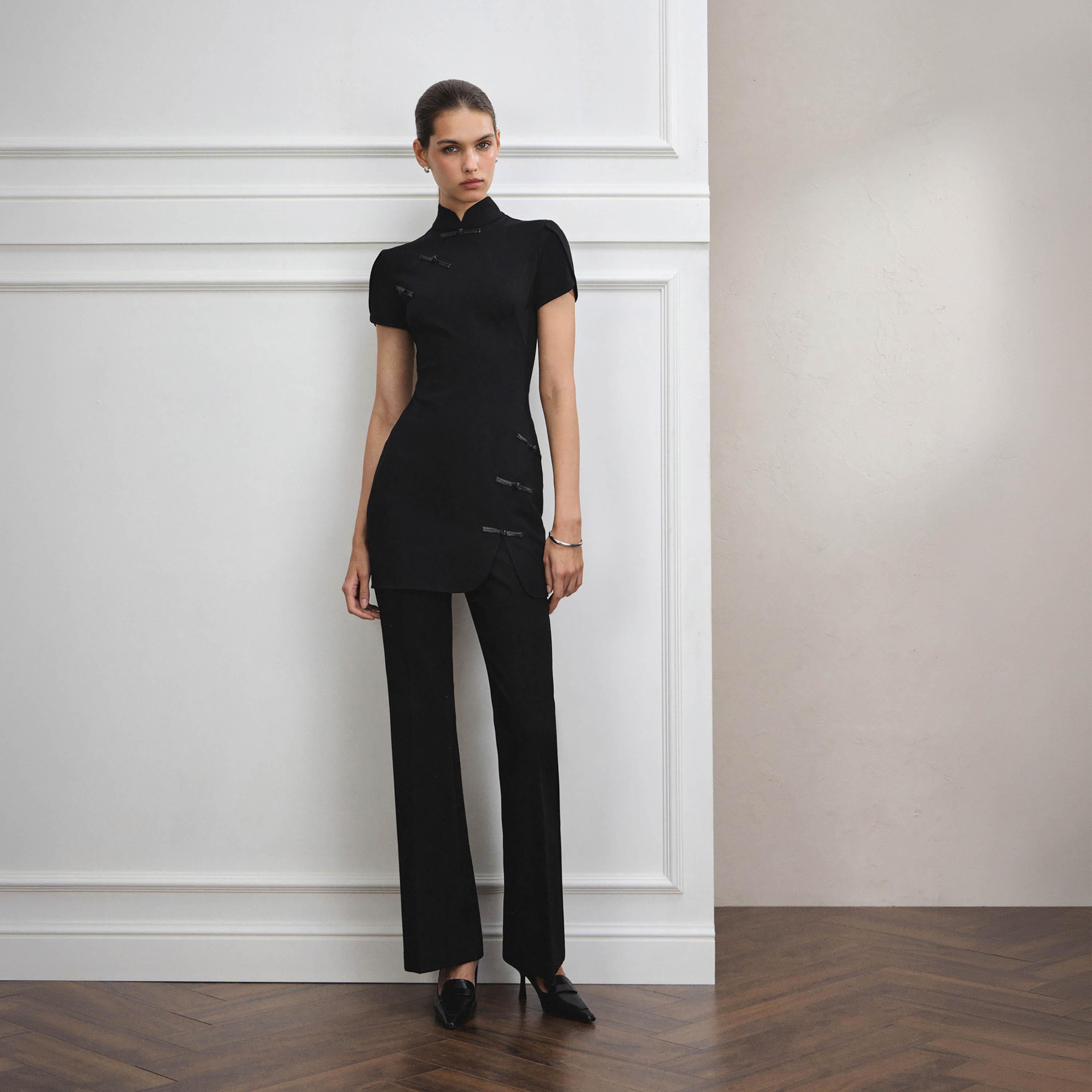 Lichi Black Stand-Up Collar Tulip Sleeves Sheath Women's Mini Dress-women-clothing-dresses-image-4
