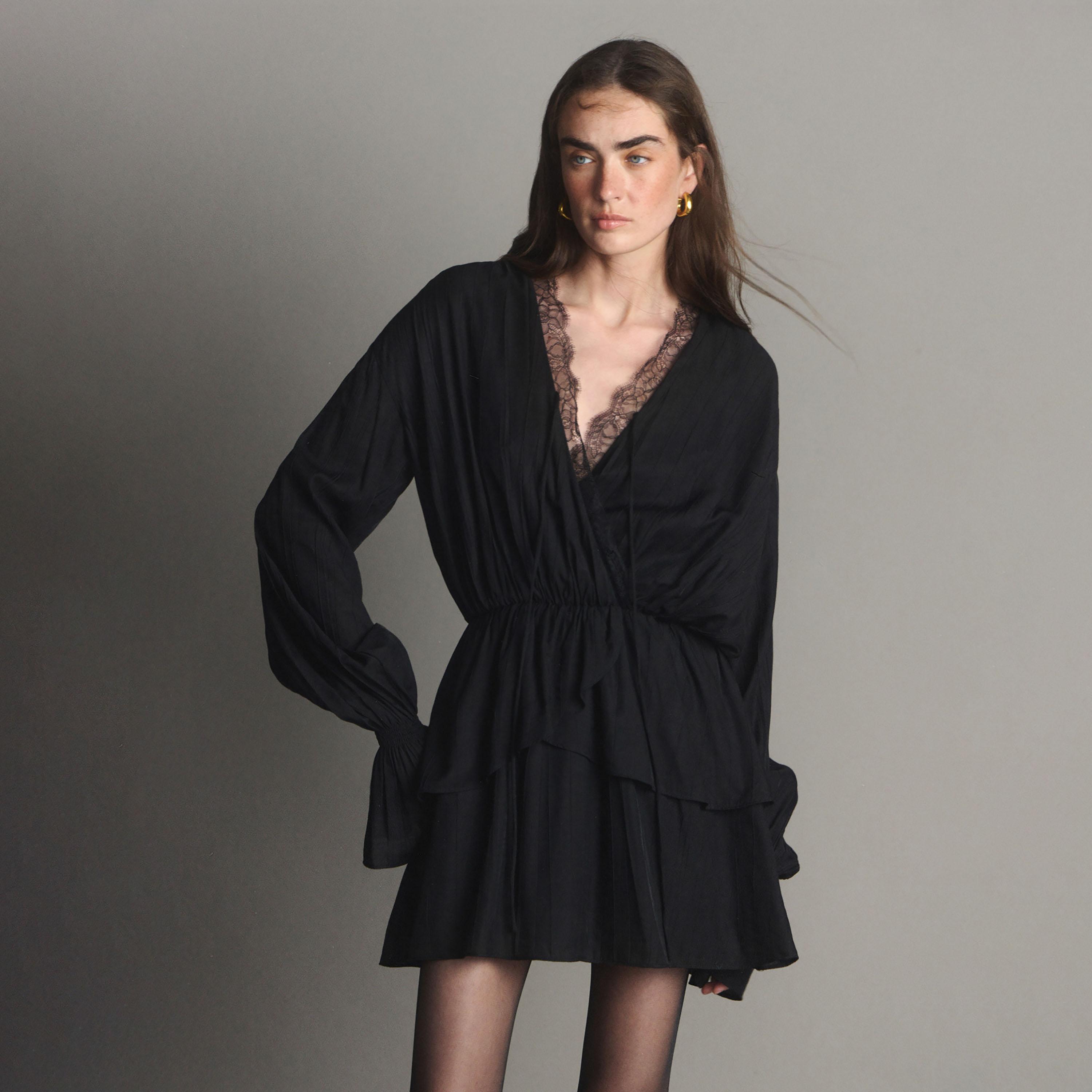 Lichi Textured Surplice Neck Bishop Sleeves Fit & Flared Women's Mini Dress-women-clothing-dresses-image-1