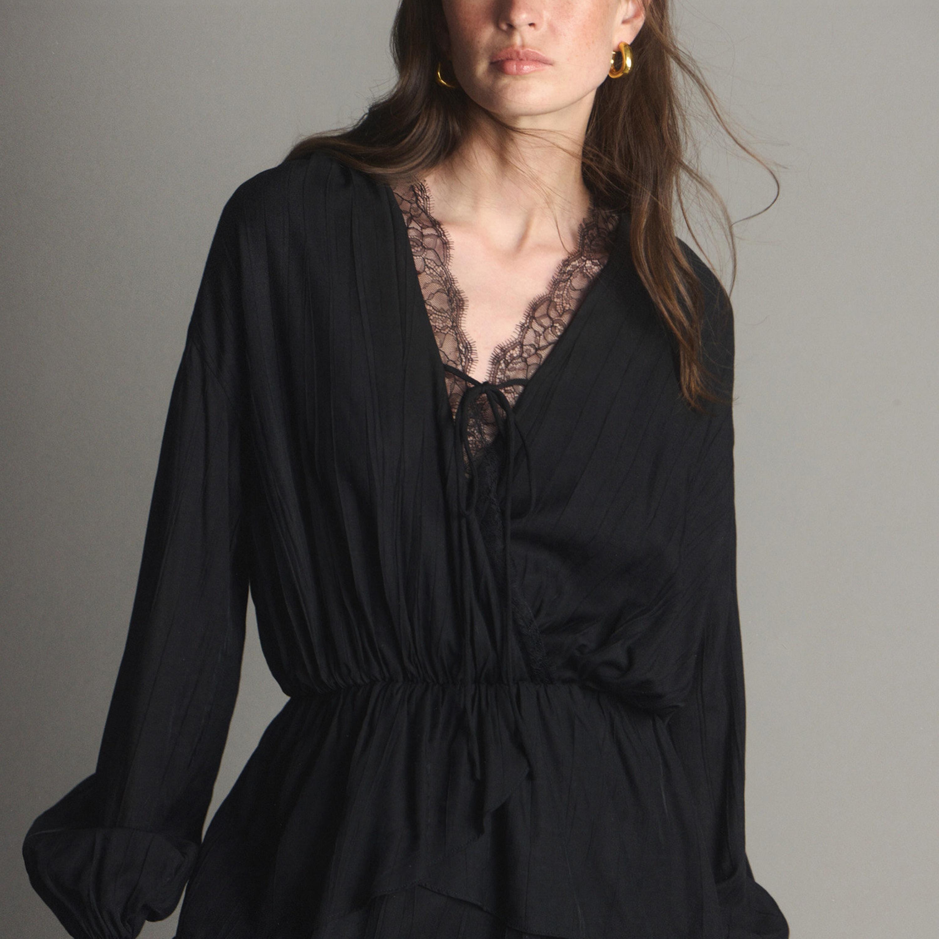 Lichi Textured Surplice Neck Bishop Sleeves Fit & Flared Women's Mini Dress-women-clothing-dresses-image-4