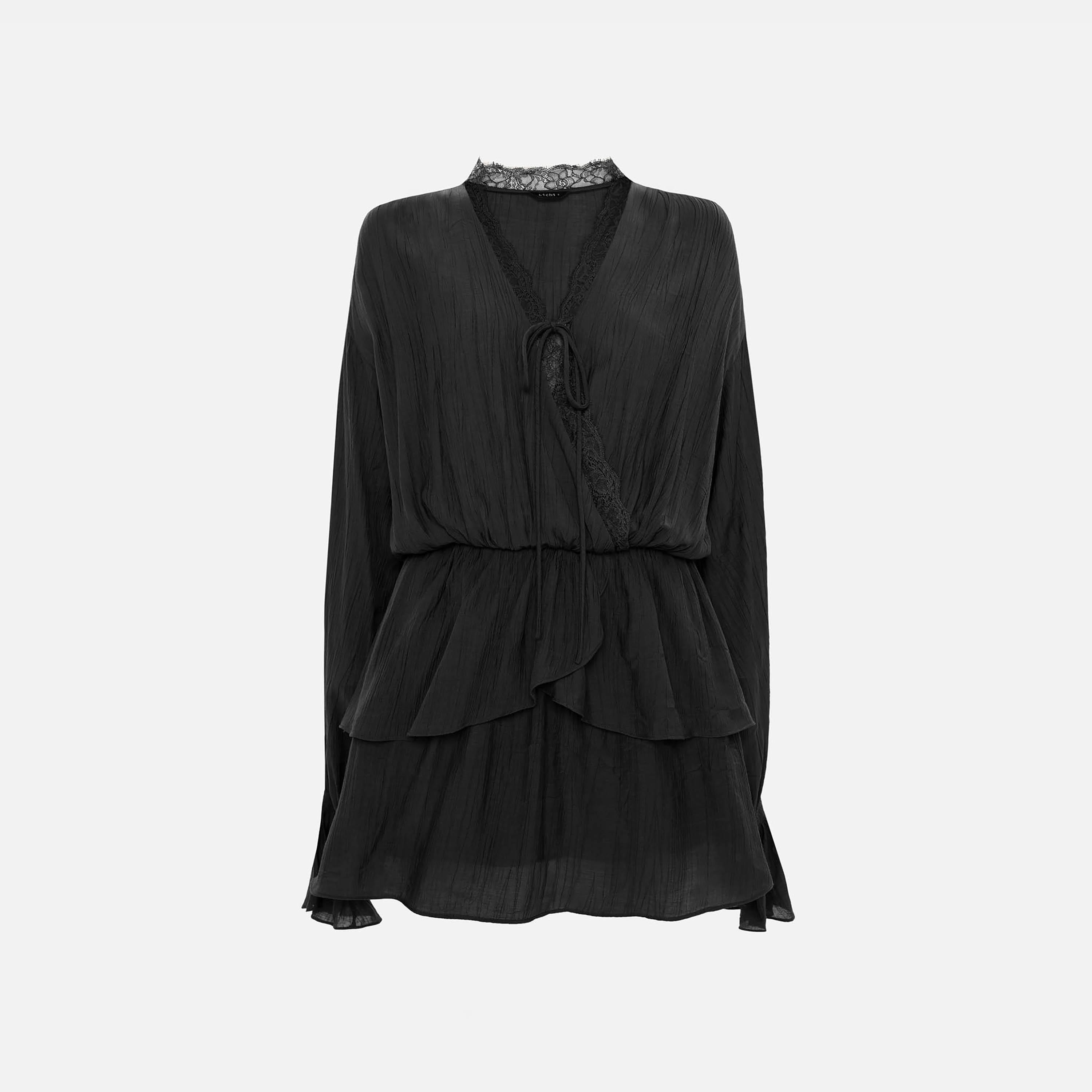 Lichi Textured Surplice Neck Bishop Sleeves Fit & Flared Women's Mini Dress-women-clothing-dresses-image-5
