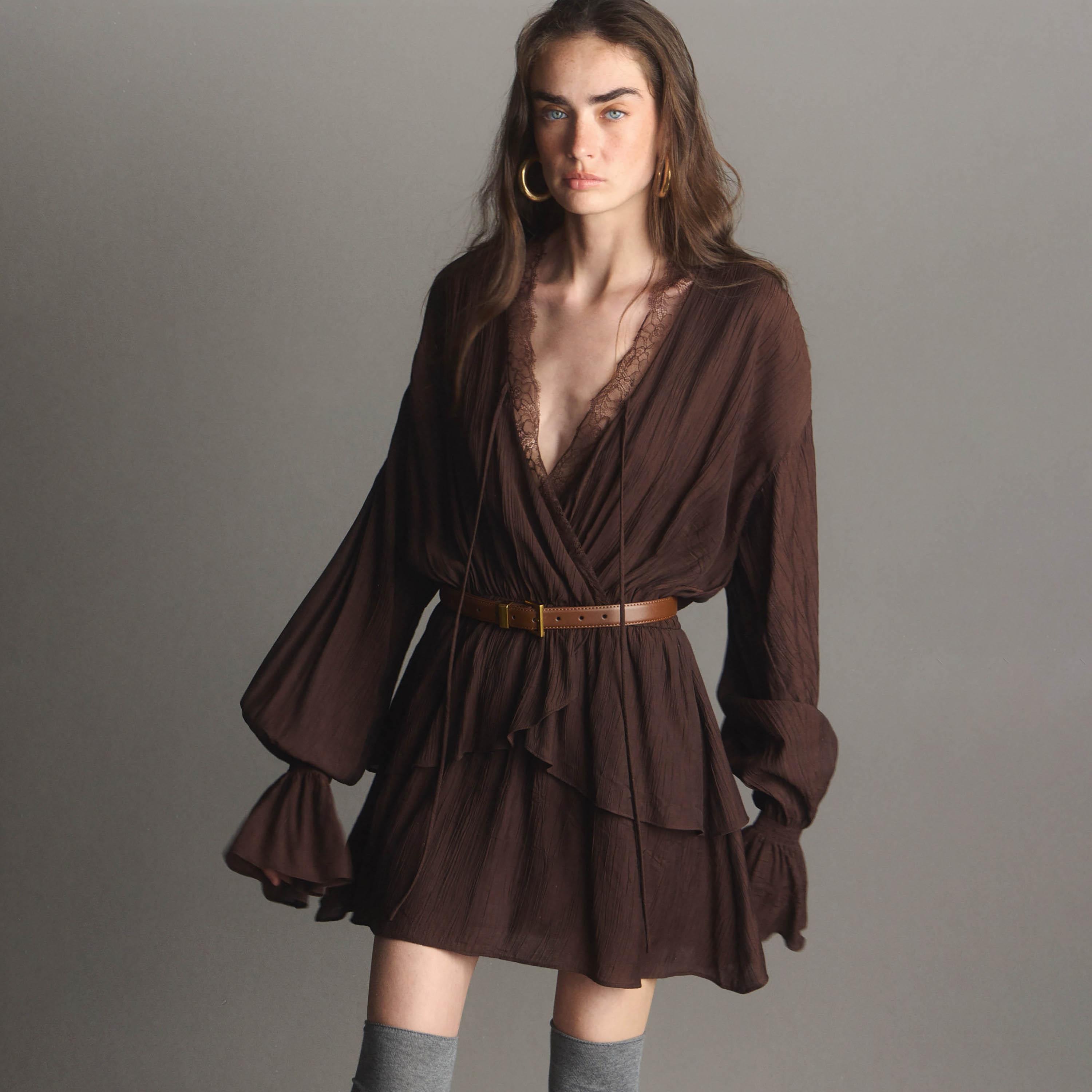 Lichi Textured Surplice Neck Bishop Sleeves Fit & Flared Women's Mini Dress-women-clothing-dresses-image-1