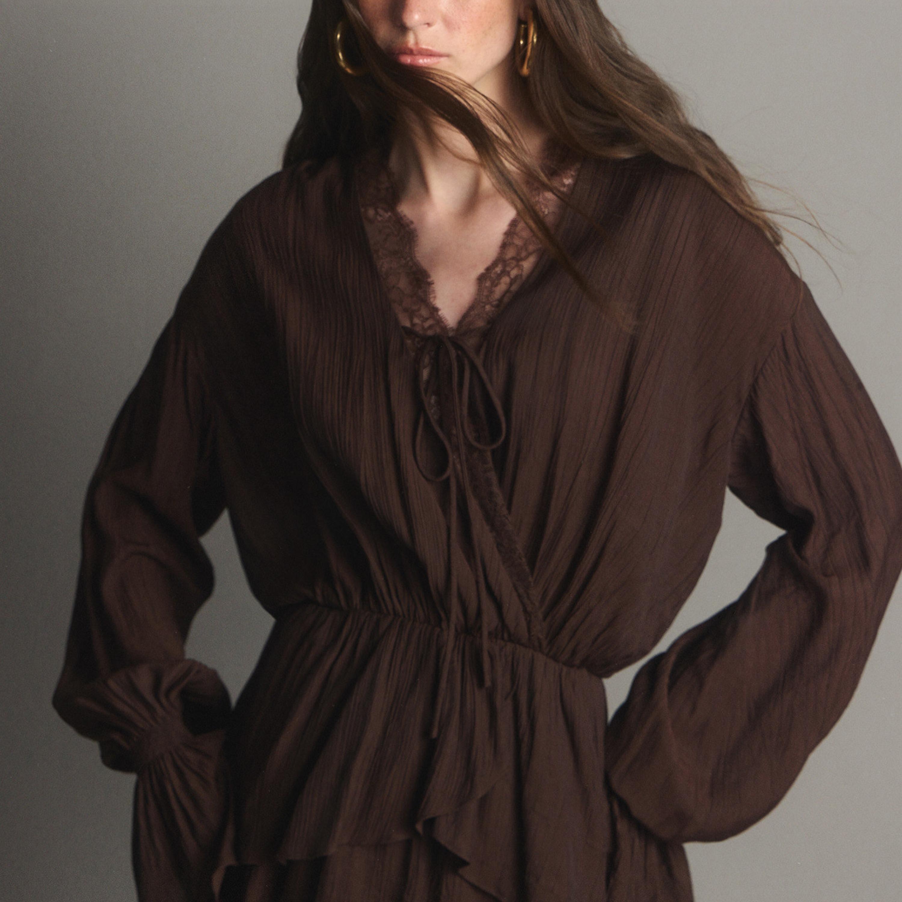 Lichi Textured Surplice Neck Bishop Sleeves Fit & Flared Women's Mini Dress-women-clothing-dresses-image-3