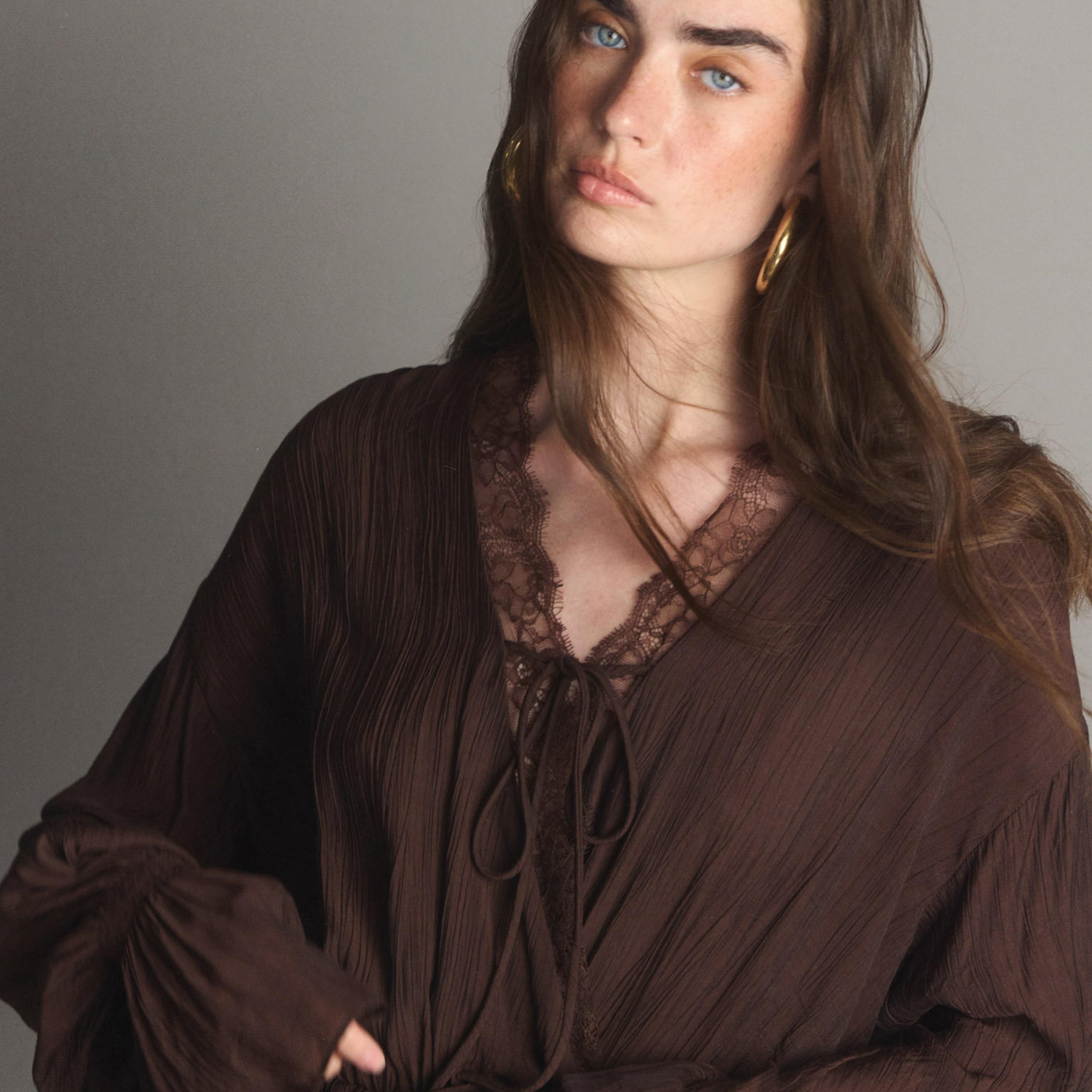 Lichi Textured Surplice Neck Bishop Sleeves Fit & Flared Women's Mini Dress-women-clothing-dresses-image-4
