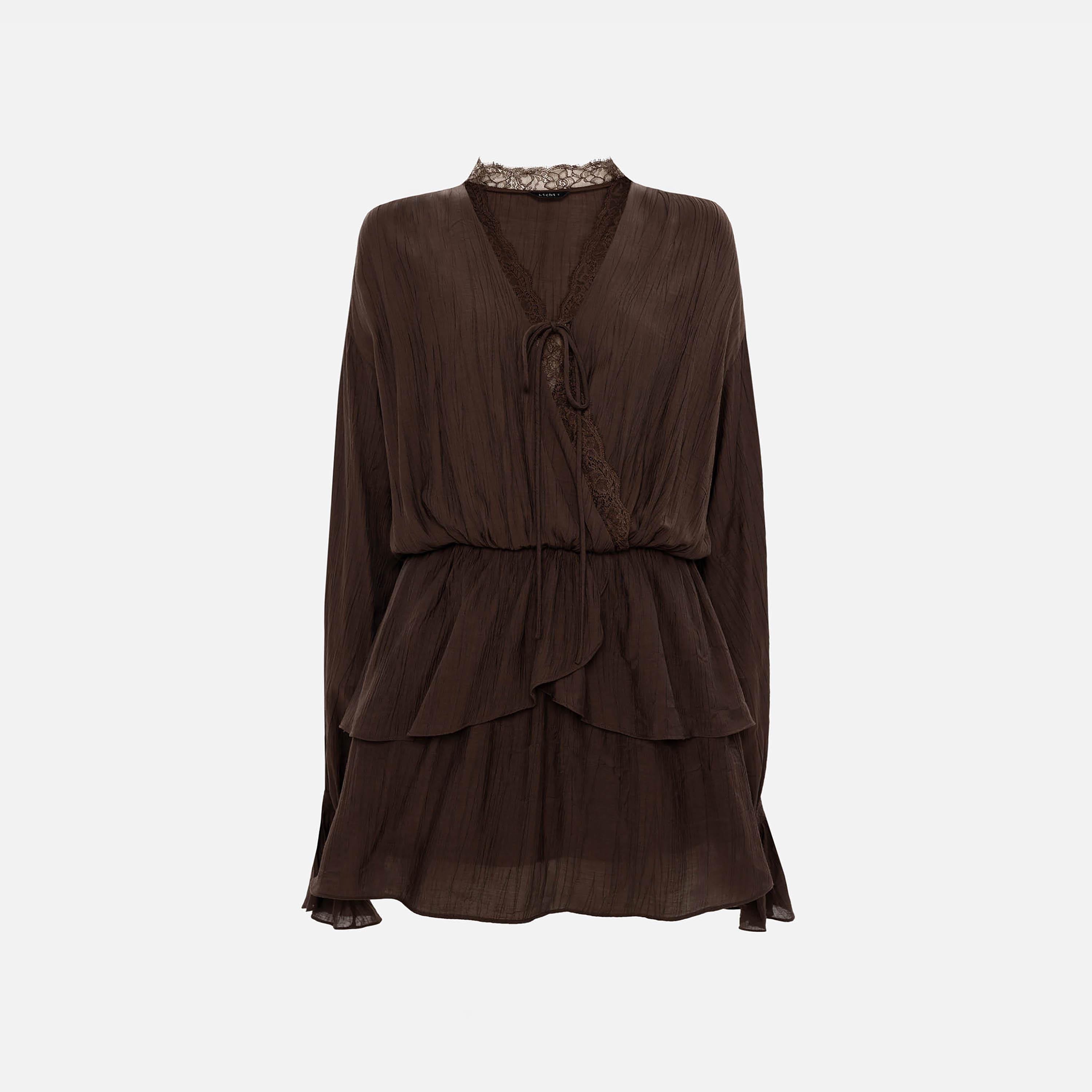 Lichi Textured Surplice Neck Bishop Sleeves Fit & Flared Women's Mini Dress-women-clothing-dresses-image-5