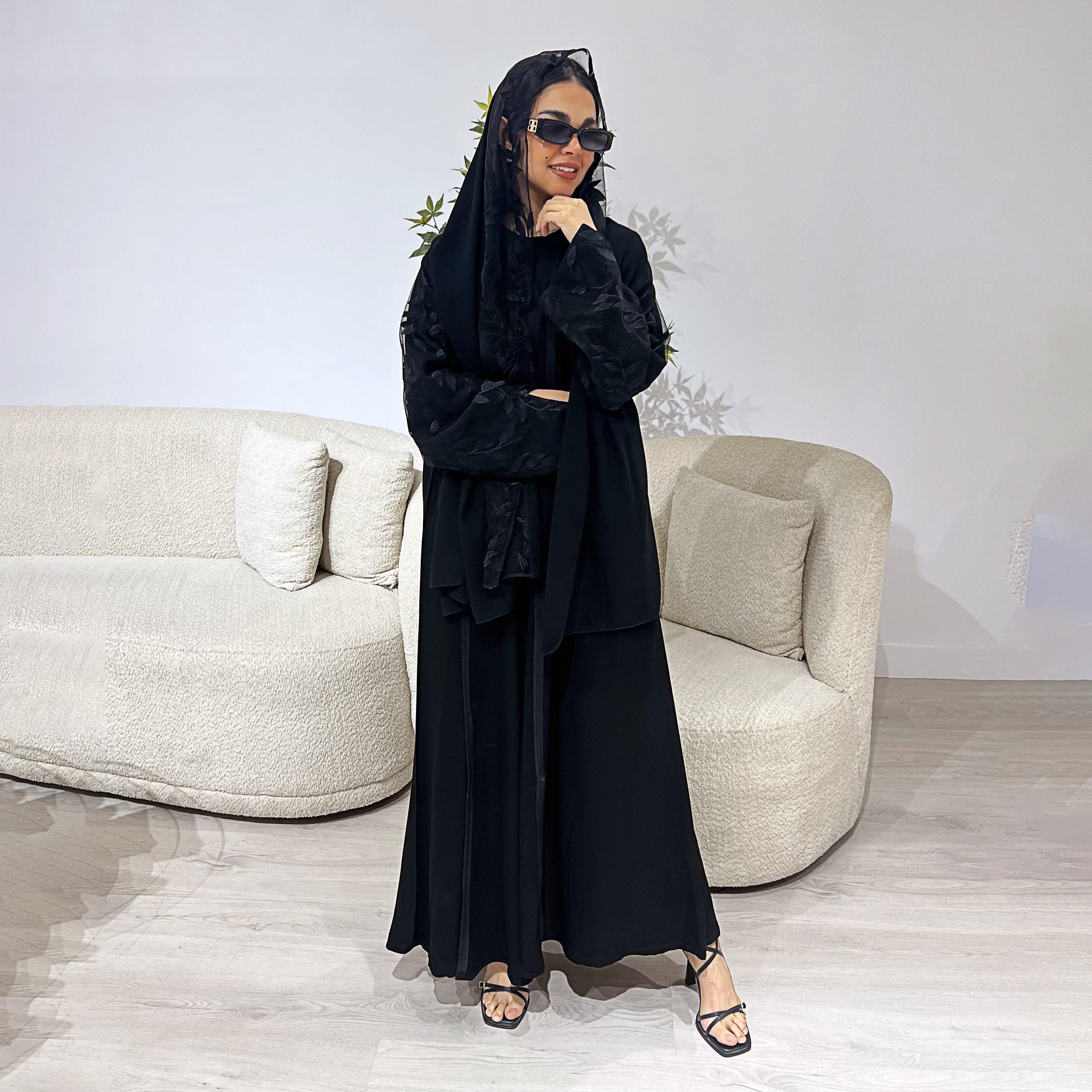 Lusin Abaya Black Slit Sleeves Leaf Embroidered Royal Crepe Women's Abaya with Hijab-women-arabicclothing-abayas-image-1