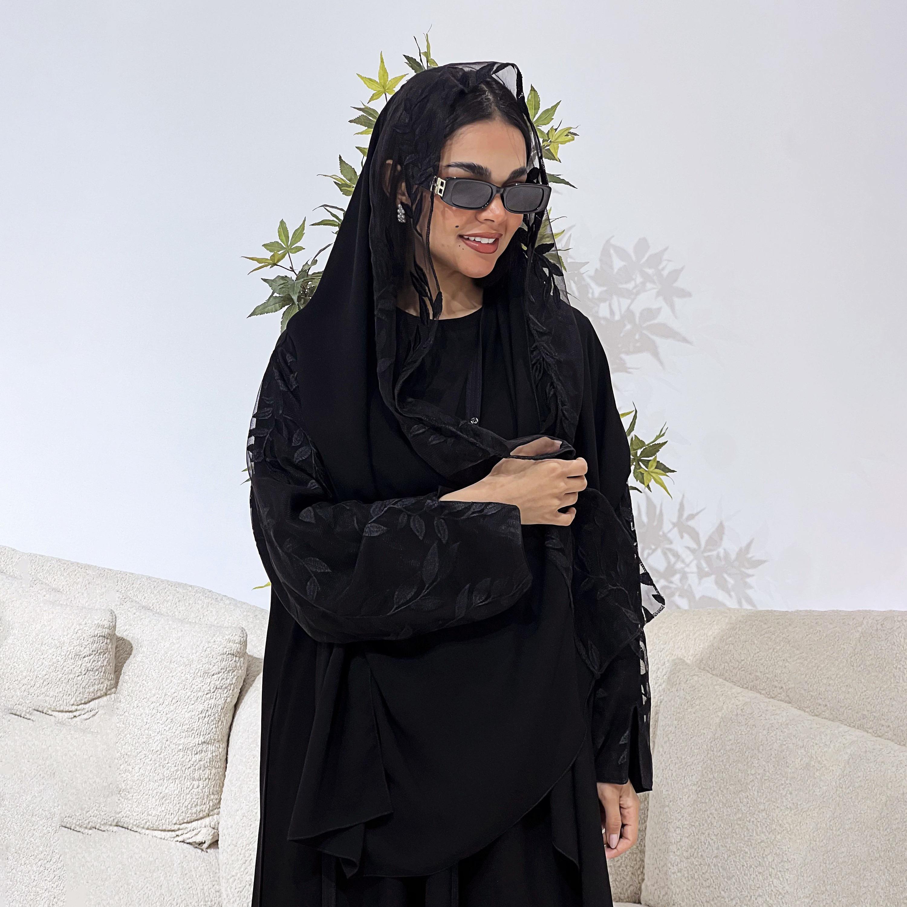 Lusin Abaya Black Slit Sleeves Leaf Embroidered Royal Crepe Women's Abaya with Hijab-women-arabicclothing-abayas-image-3