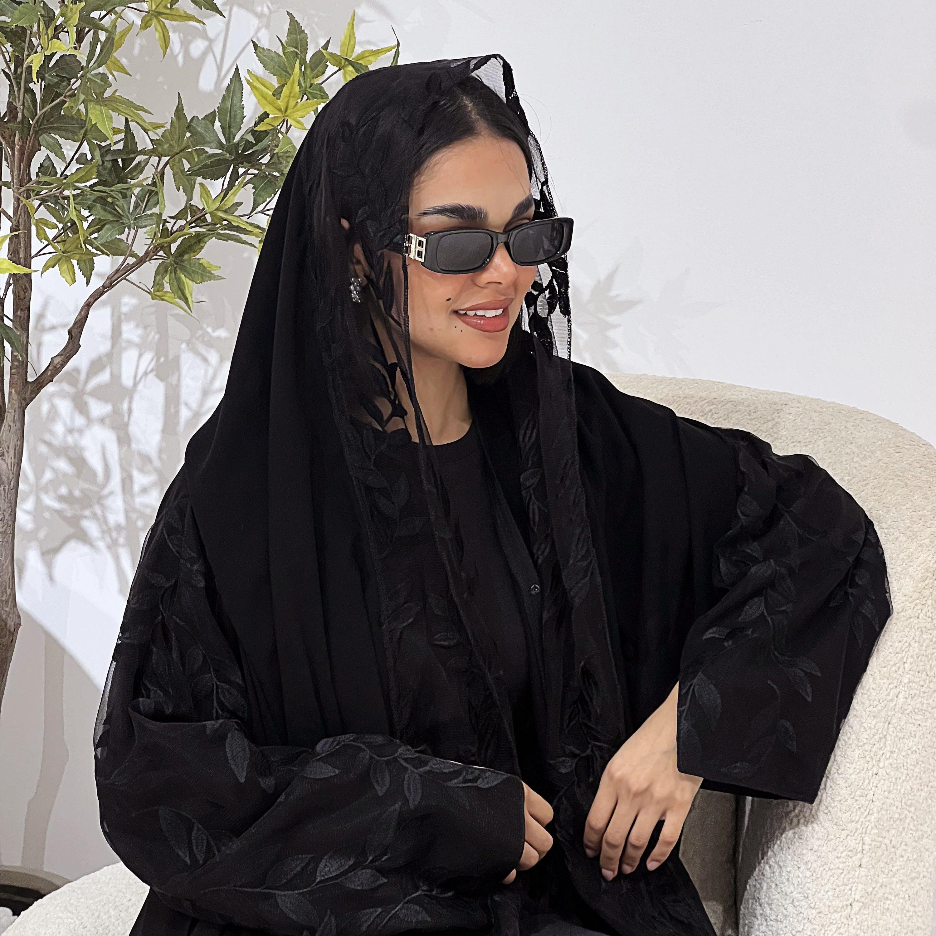 Lusin Abaya Black Slit Sleeves Leaf Embroidered Royal Crepe Women's Abaya with Hijab-women-arabicclothing-abayas-image-4