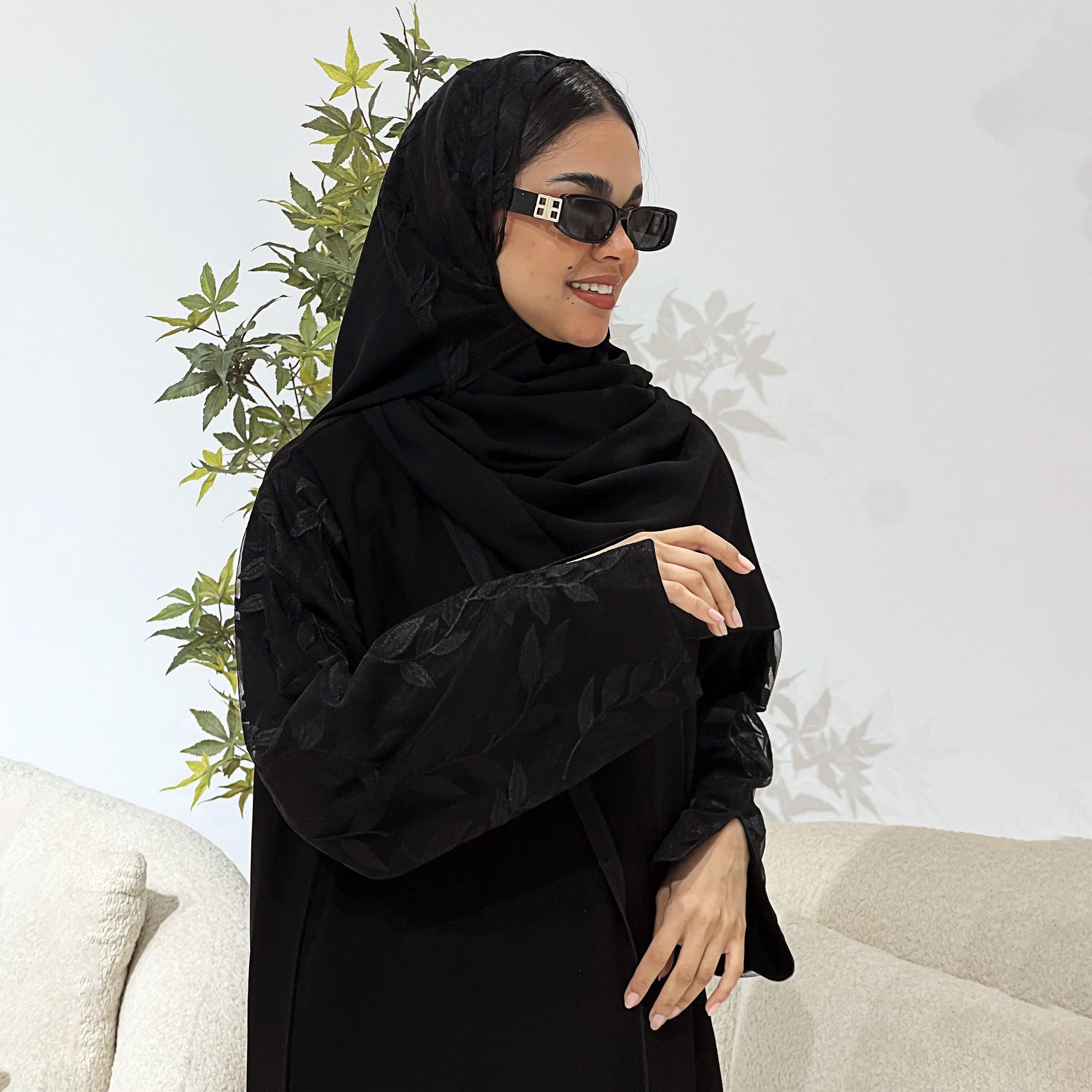 Lusin Abaya Black Slit Sleeves Leaf Embroidered Royal Crepe Women's Abaya with Hijab-women-arabicclothing-abayas-image-5