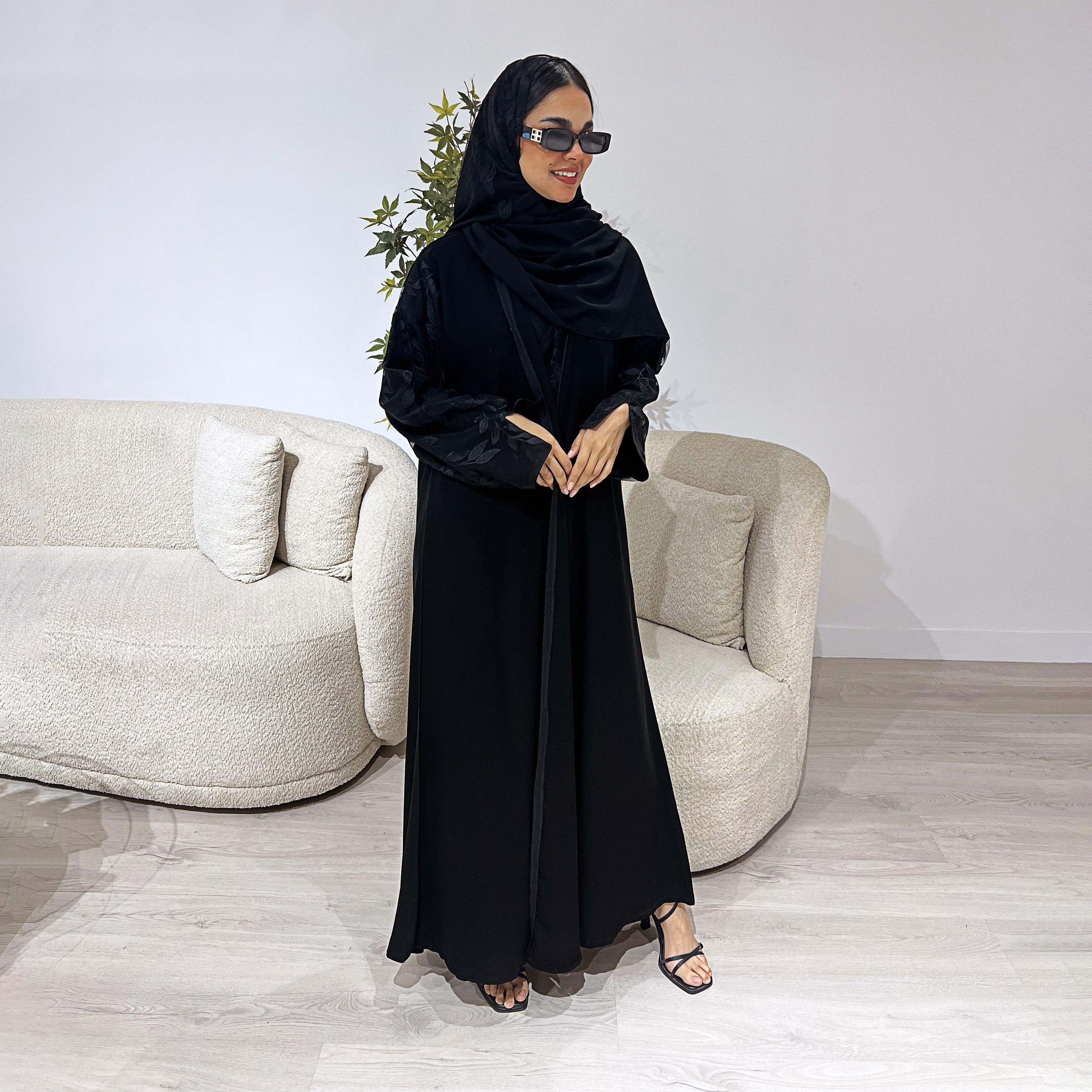 Lusin Abaya Black Slit Sleeves Leaf Embroidered Royal Crepe Women's Abaya with Hijab-women-arabicclothing-abayas-image-6