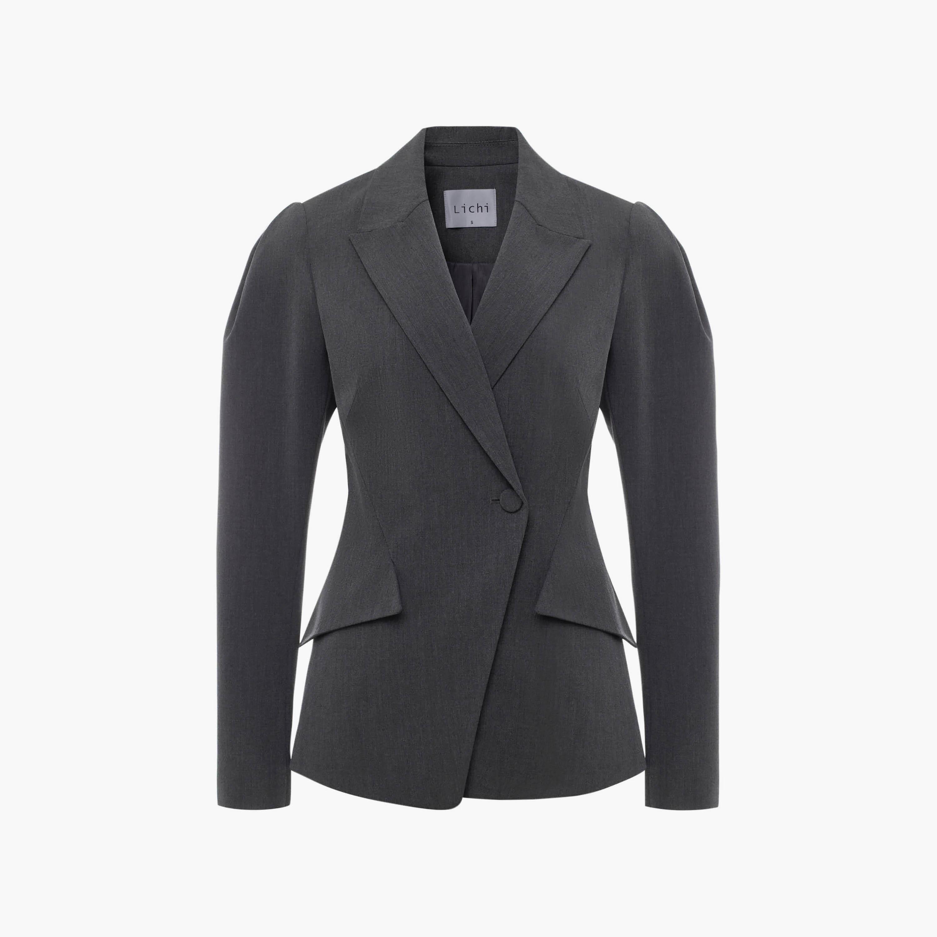 بليزر بصف أزرار واحد بأكمام منفوخة وبياقة لايبيل للنساء من ليتشي-women-clothing-coatsandjackets-blazers-image-5
