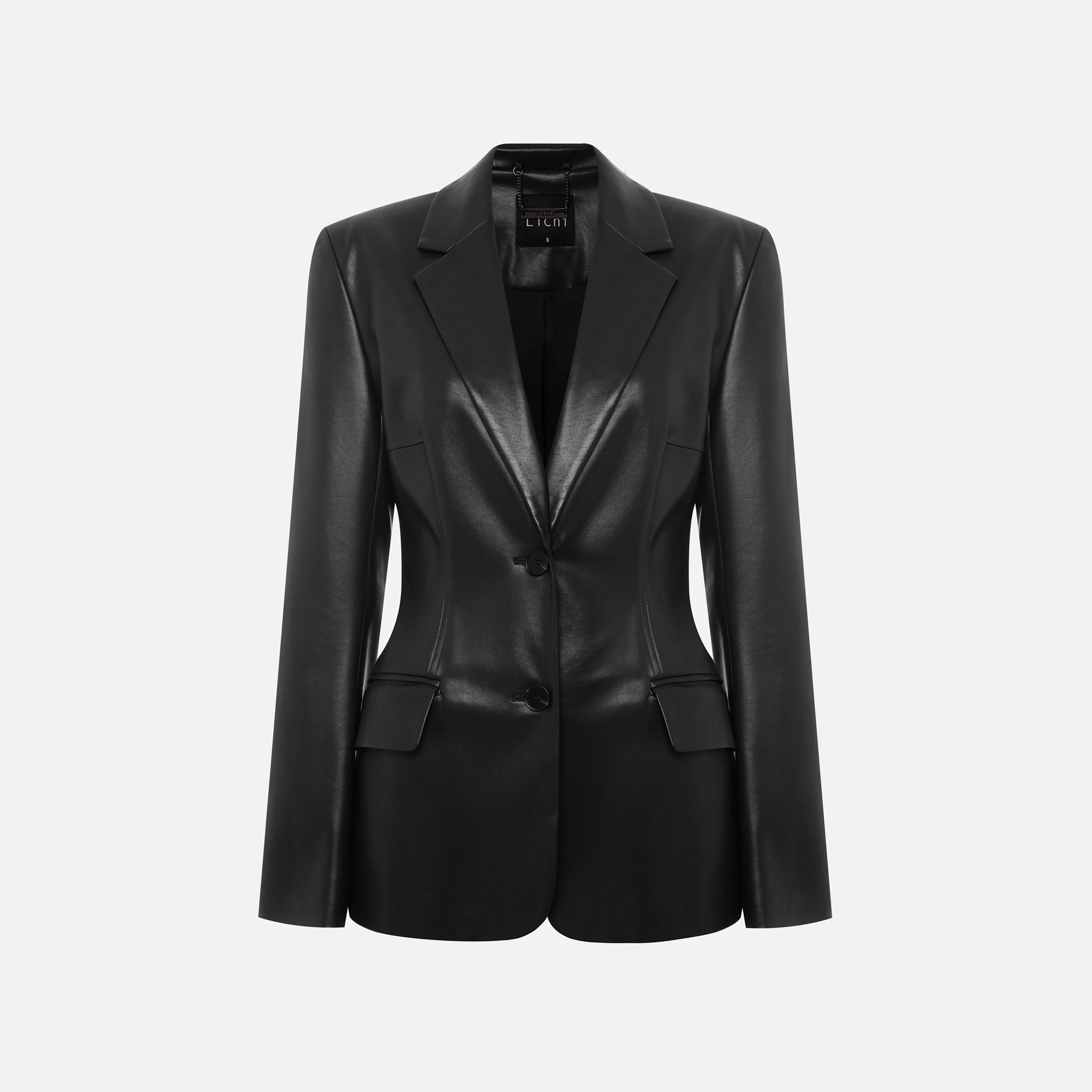 بلازر حريمي أسود بياقة مطوية من ليتشي-women-clothing-coatsandjackets-blazers-image-4