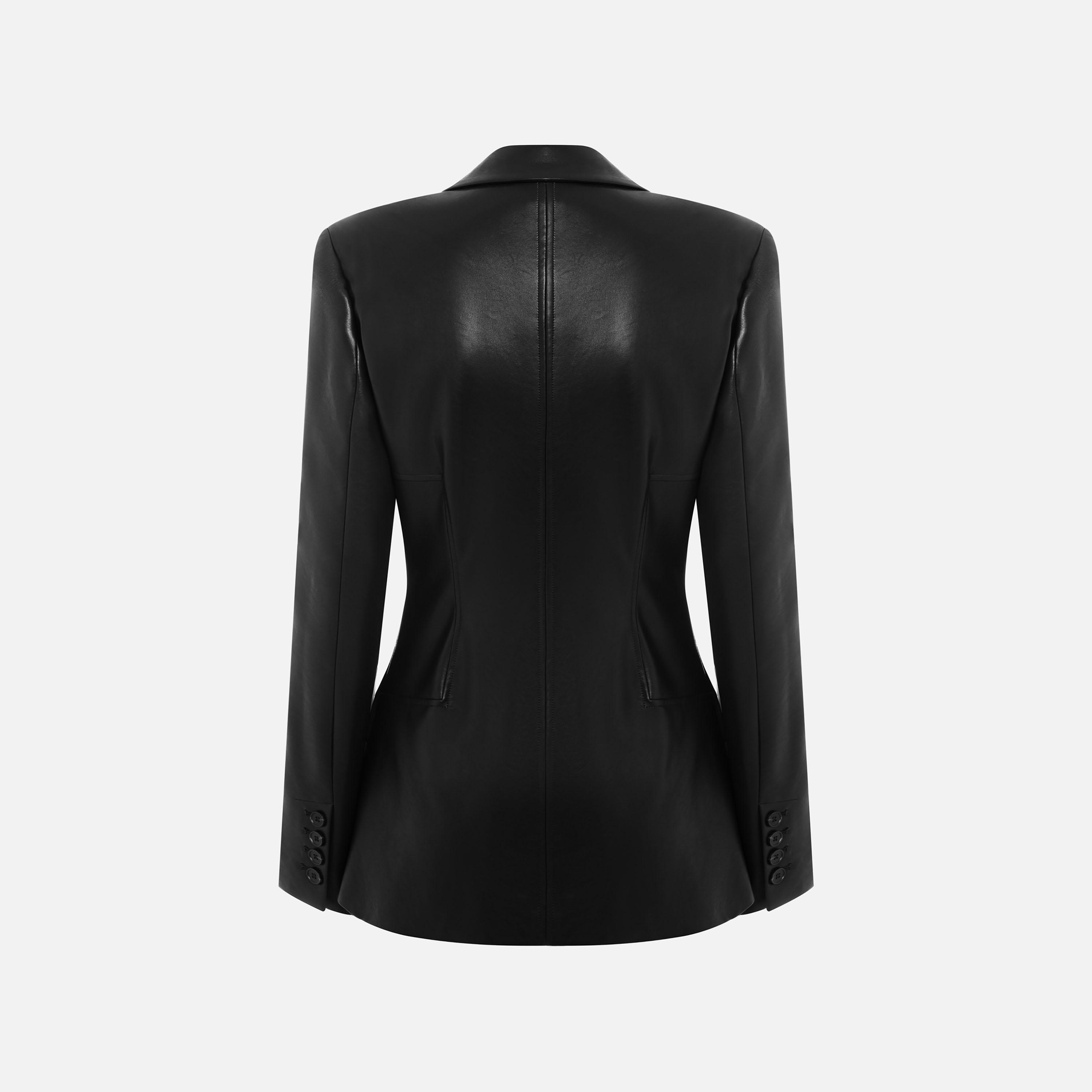 بلازر حريمي أسود بياقة مطوية من ليتشي-women-clothing-coatsandjackets-blazers-image-5